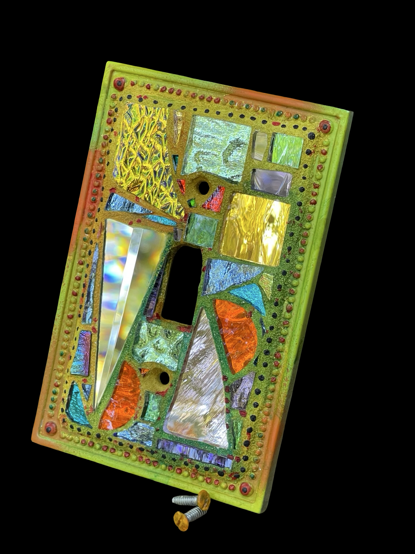 Shimmering iridescent single toggle mirror mosaic light switch cover, wall art