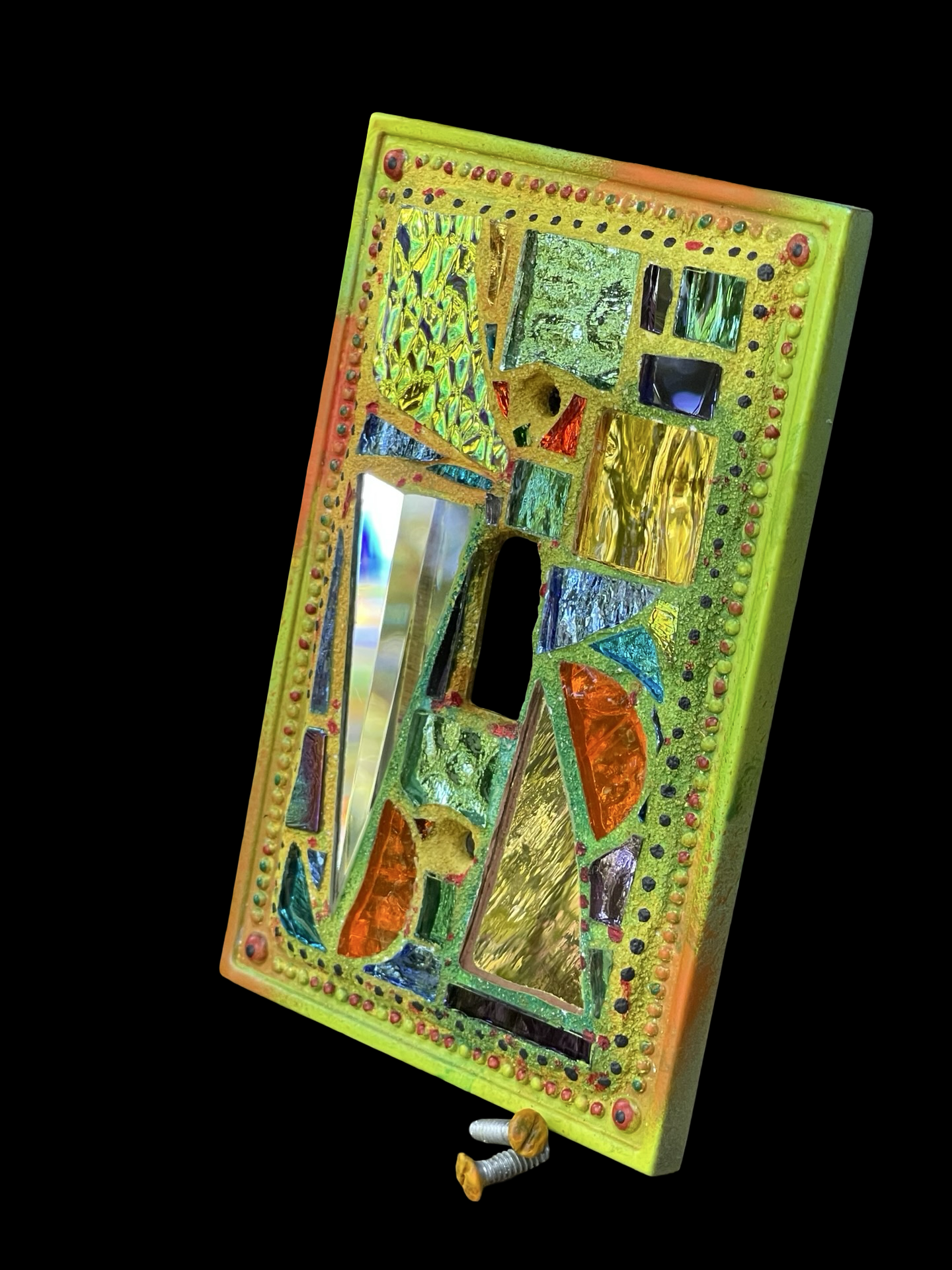 Shimmering iridescent single toggle mirror mosaic light switch cover, wall art