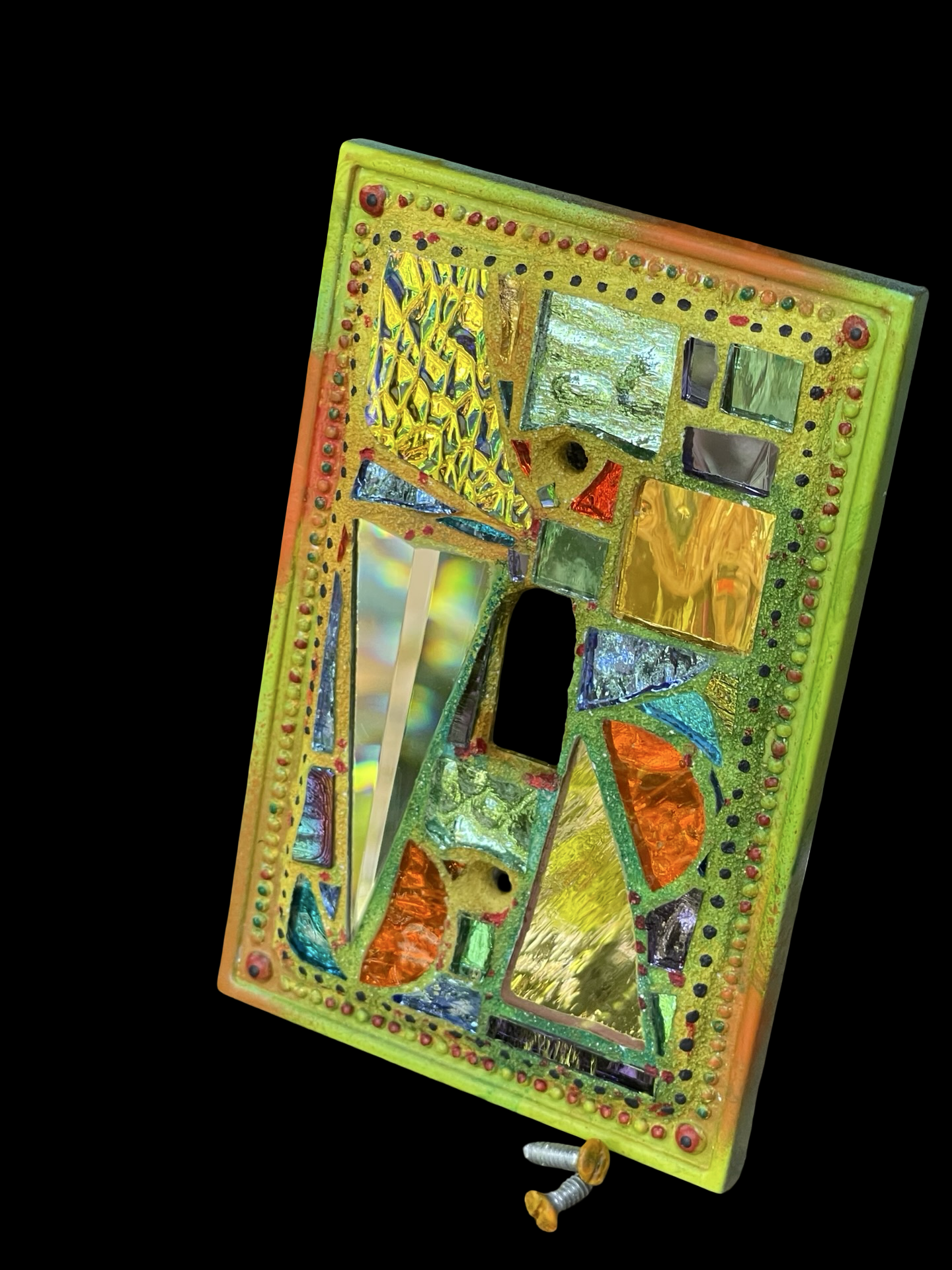 Shimmering iridescent single toggle mirror mosaic light switch cover, wall art