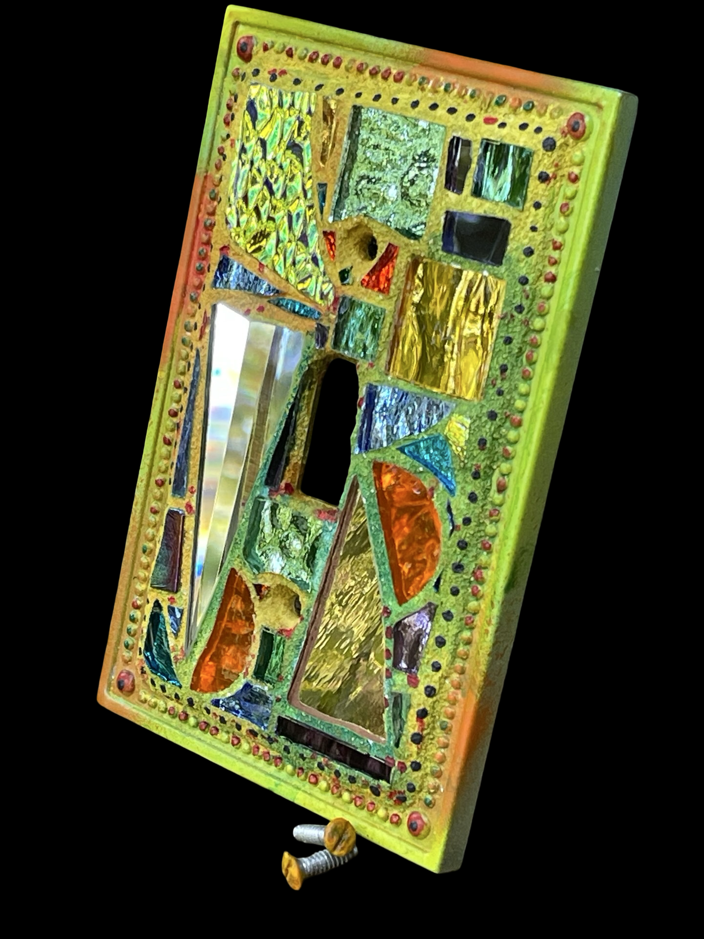 Shimmering iridescent single toggle mirror mosaic light switch cover, wall art