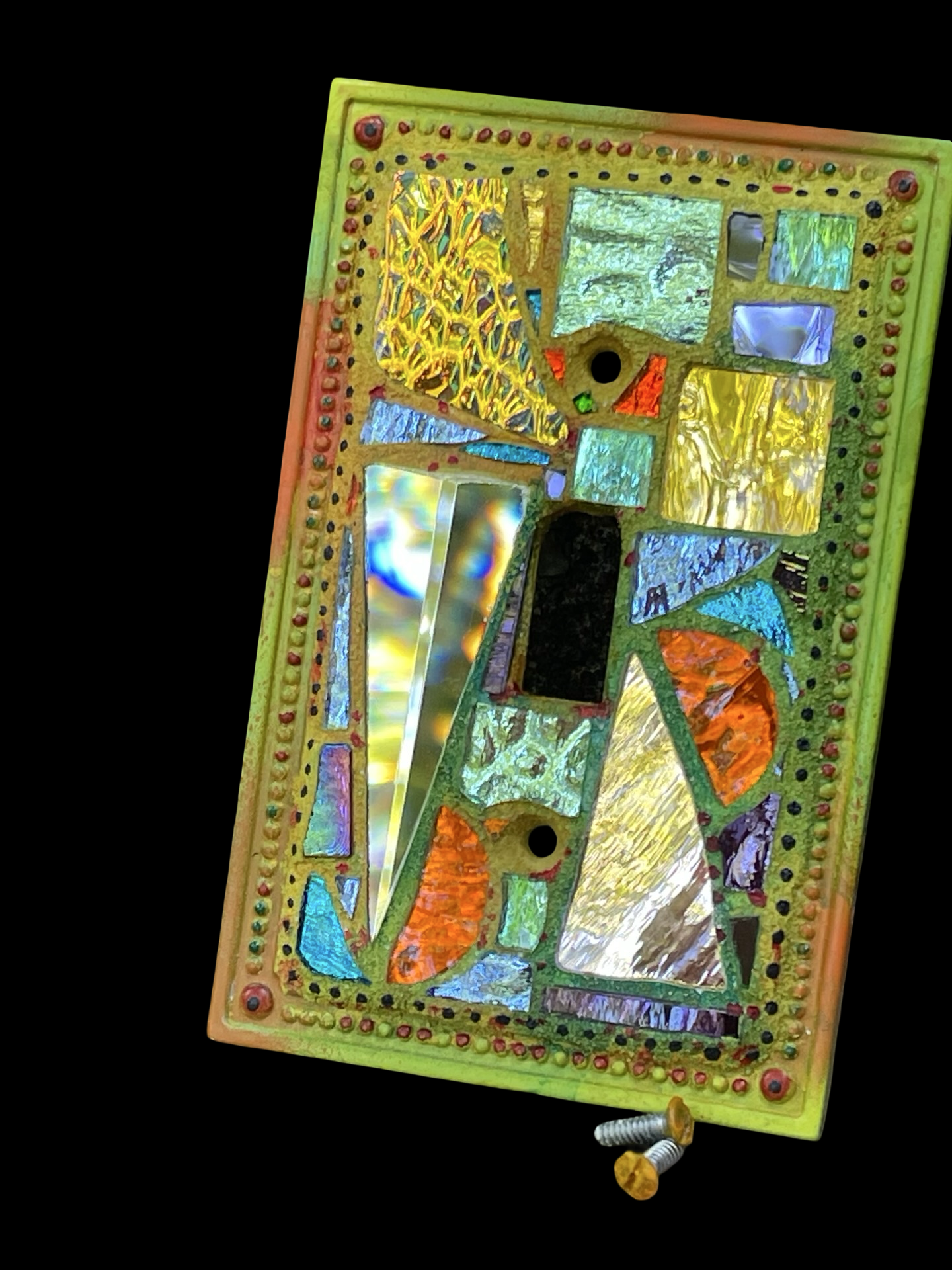 Shimmering iridescent single toggle mirror mosaic light switch cover, wall art