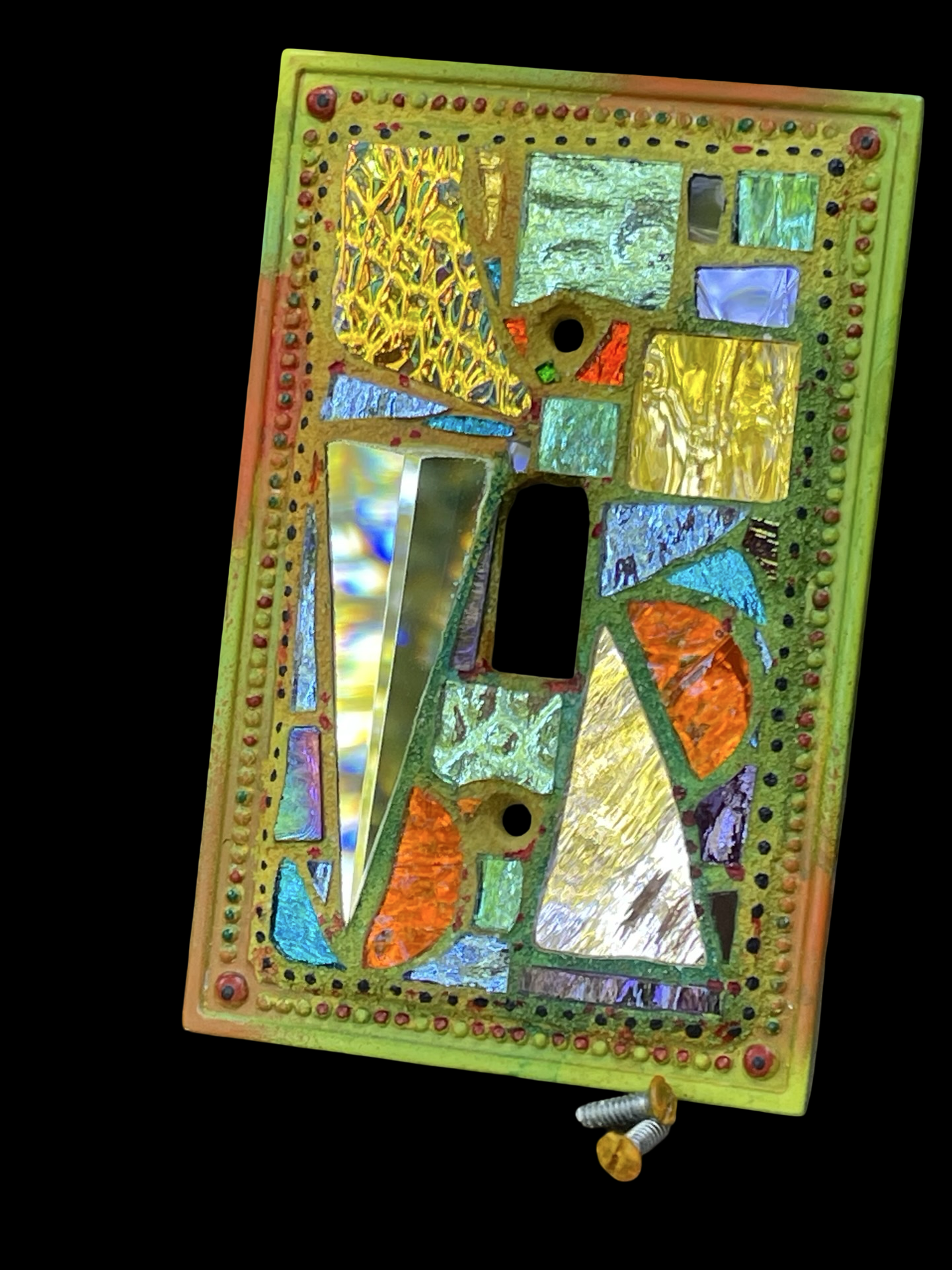 Shimmering iridescent single toggle mirror mosaic light switch cover, wall art