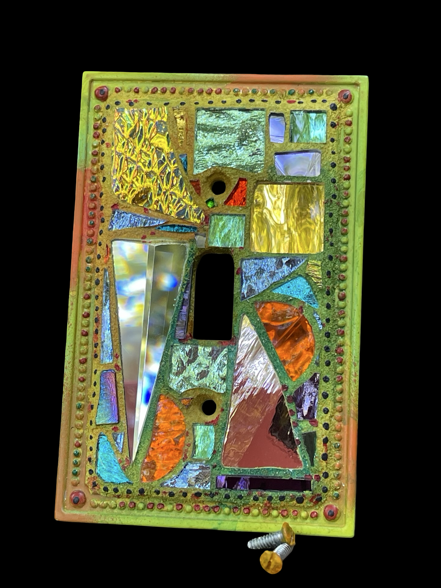 Shimmering iridescent single toggle mirror mosaic light switch cover, wall art
