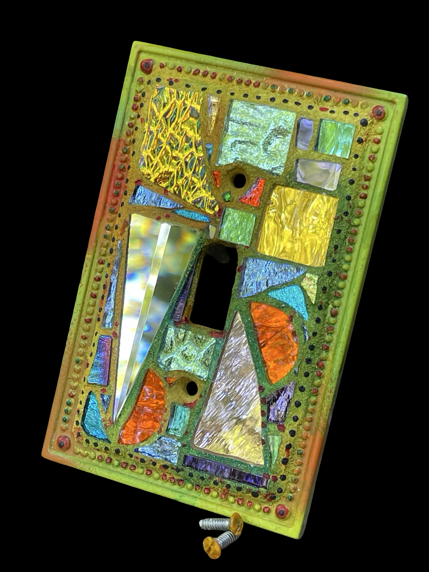 Shimmering iridescent single toggle mirror mosaic light switch cover, wall art