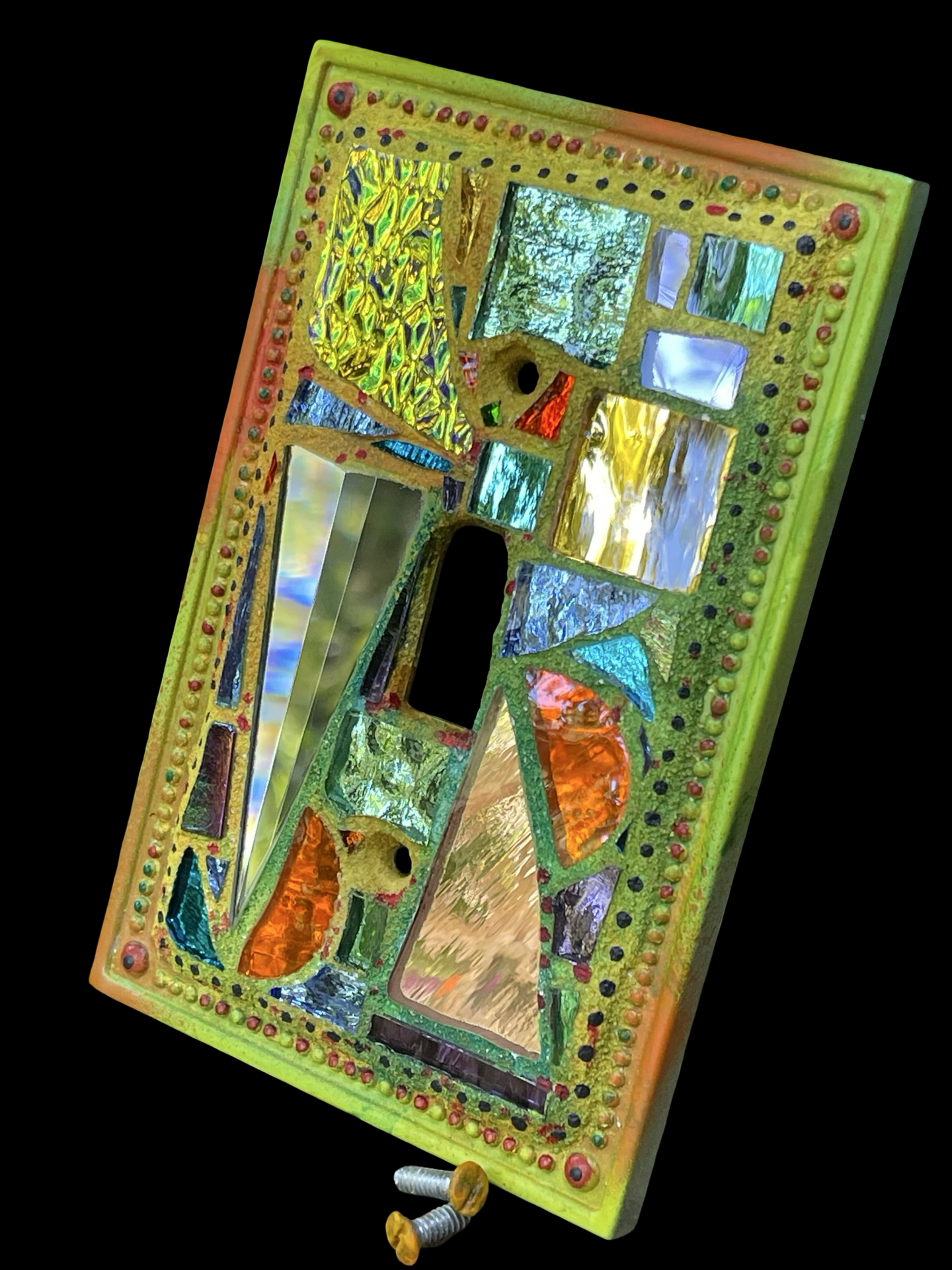 Shimmering iridescent single toggle mirror mosaic light switch cover, wall art