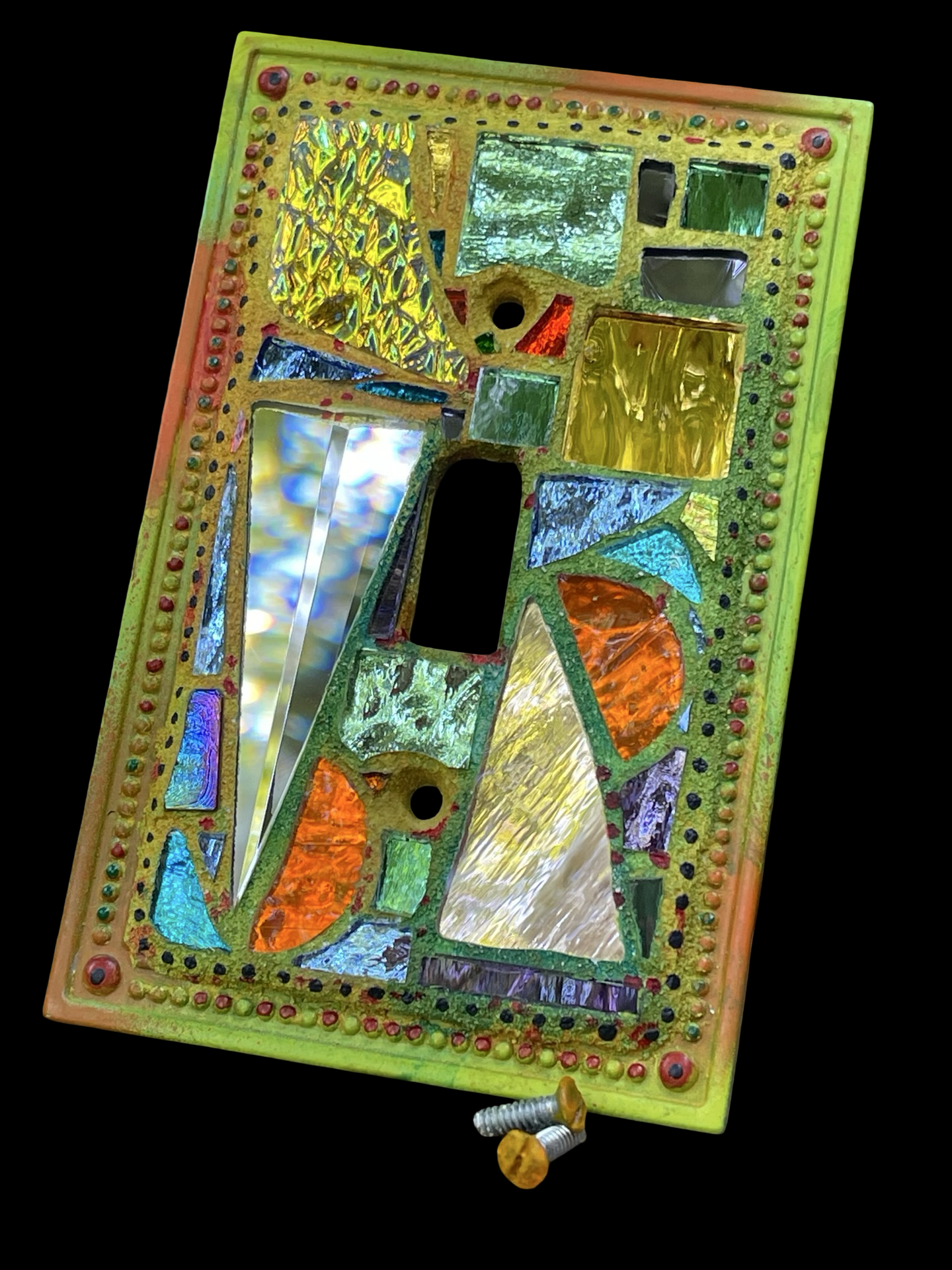 Shimmering iridescent single toggle mirror mosaic light switch cover, wall art