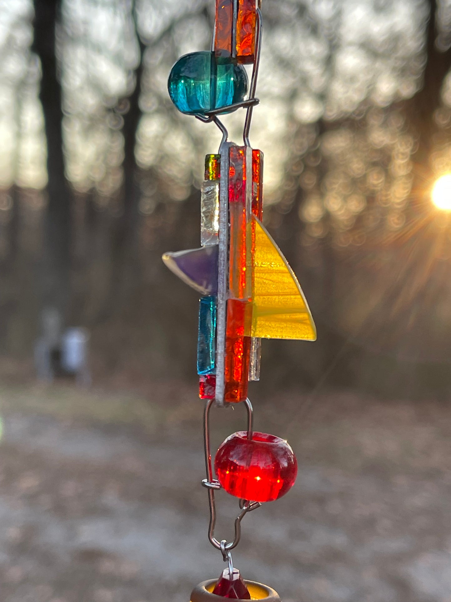 Contemporary 42” long mini mirror mosaic sun chain with colored glass, prism, repurposed bottle throat and glass beads. Dazzling.