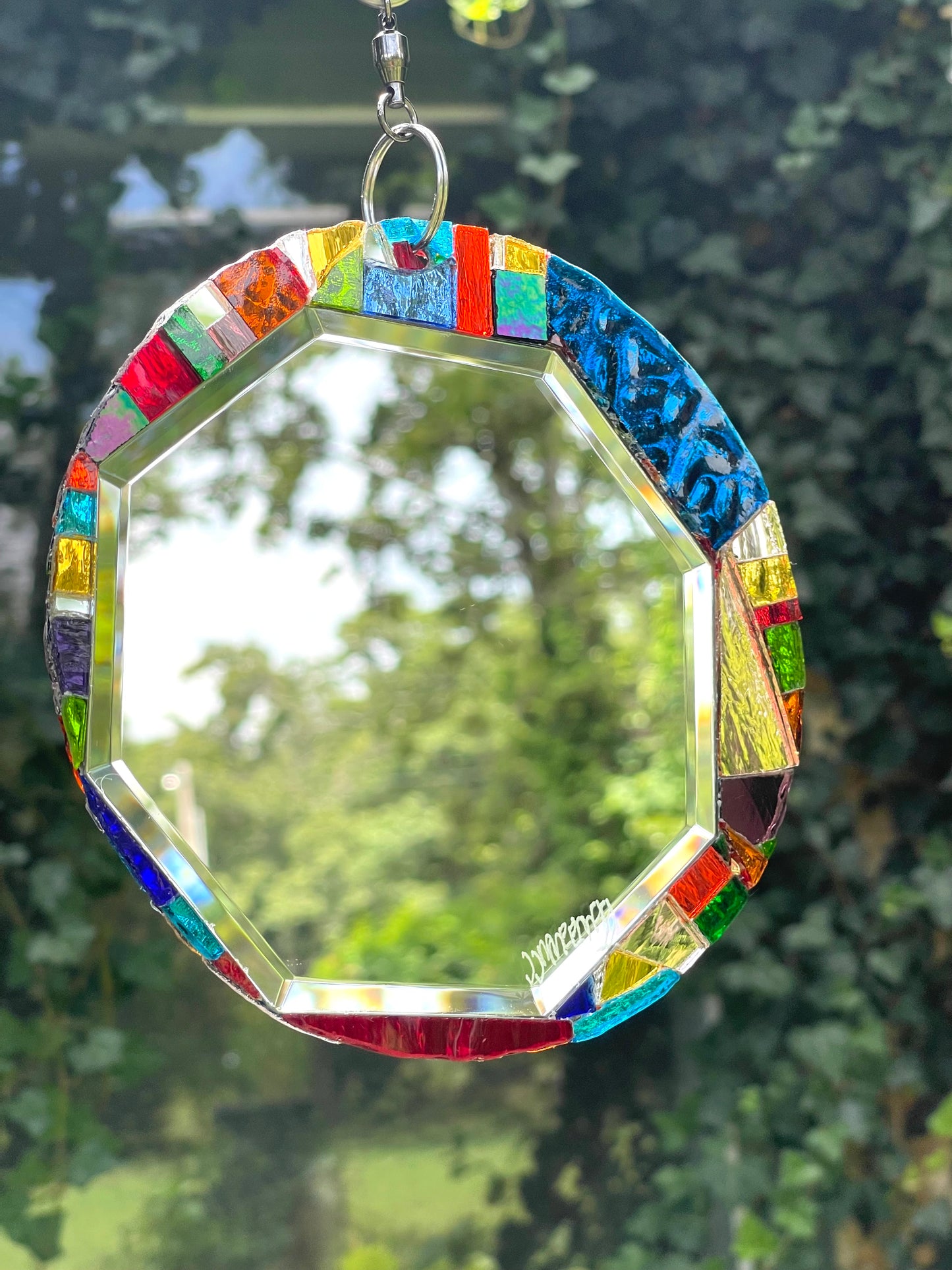 Round 6” Beveled Mirror and Mosaic Sun Catcher, Contemporary Garden Art