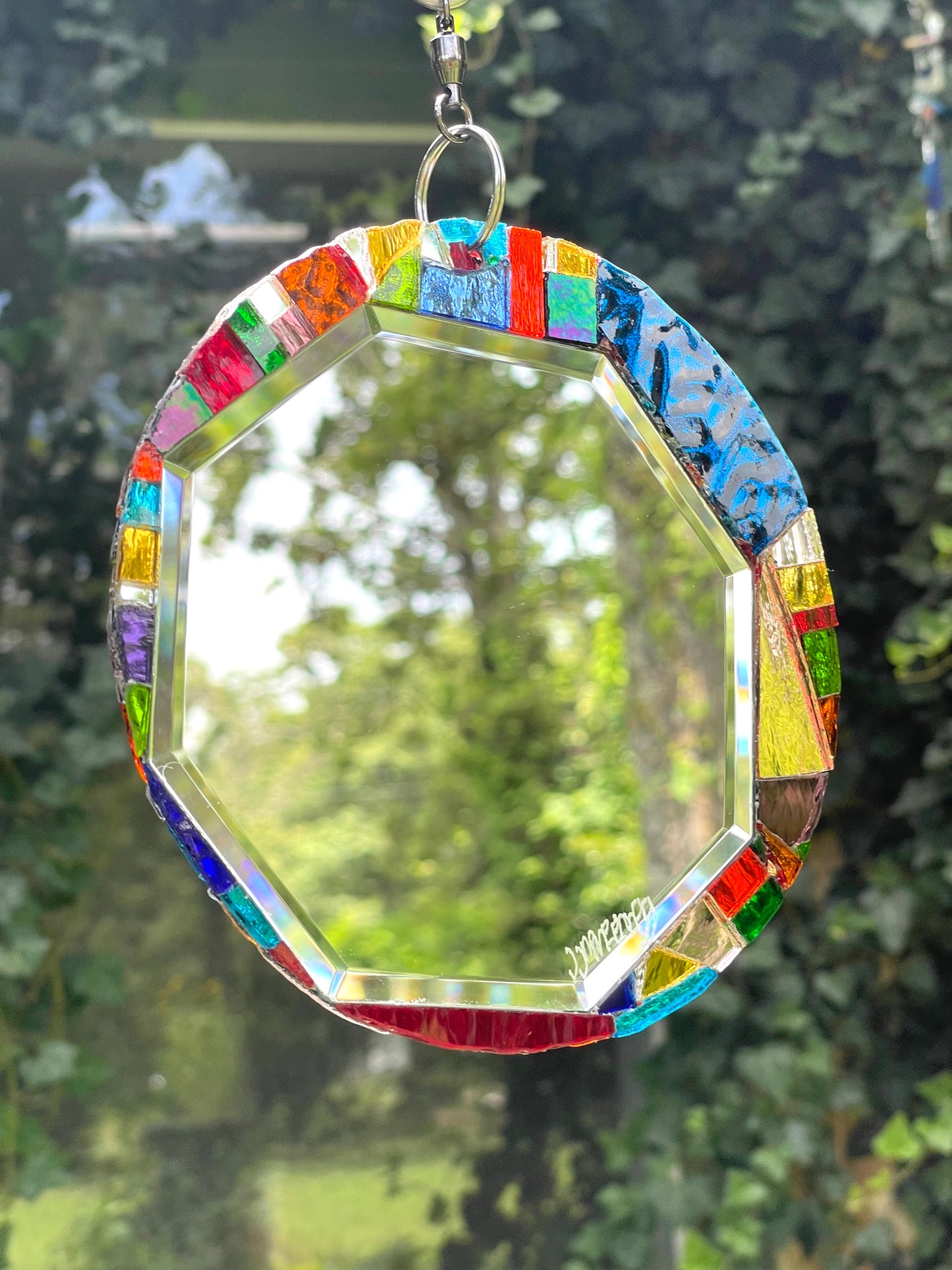 Round 6” Beveled Mirror and Mosaic Sun Catcher, Contemporary Garden Art