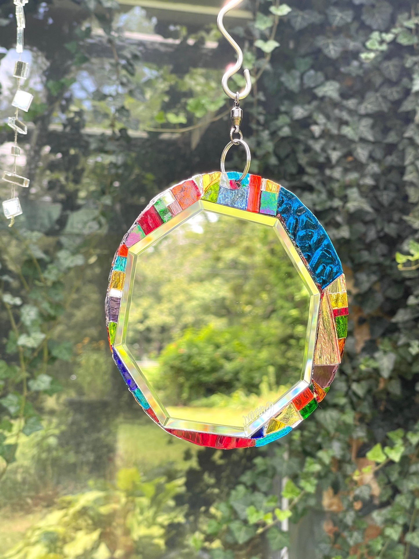 Round 6” Beveled Mirror and Mosaic Sun Catcher, Contemporary Garden Art