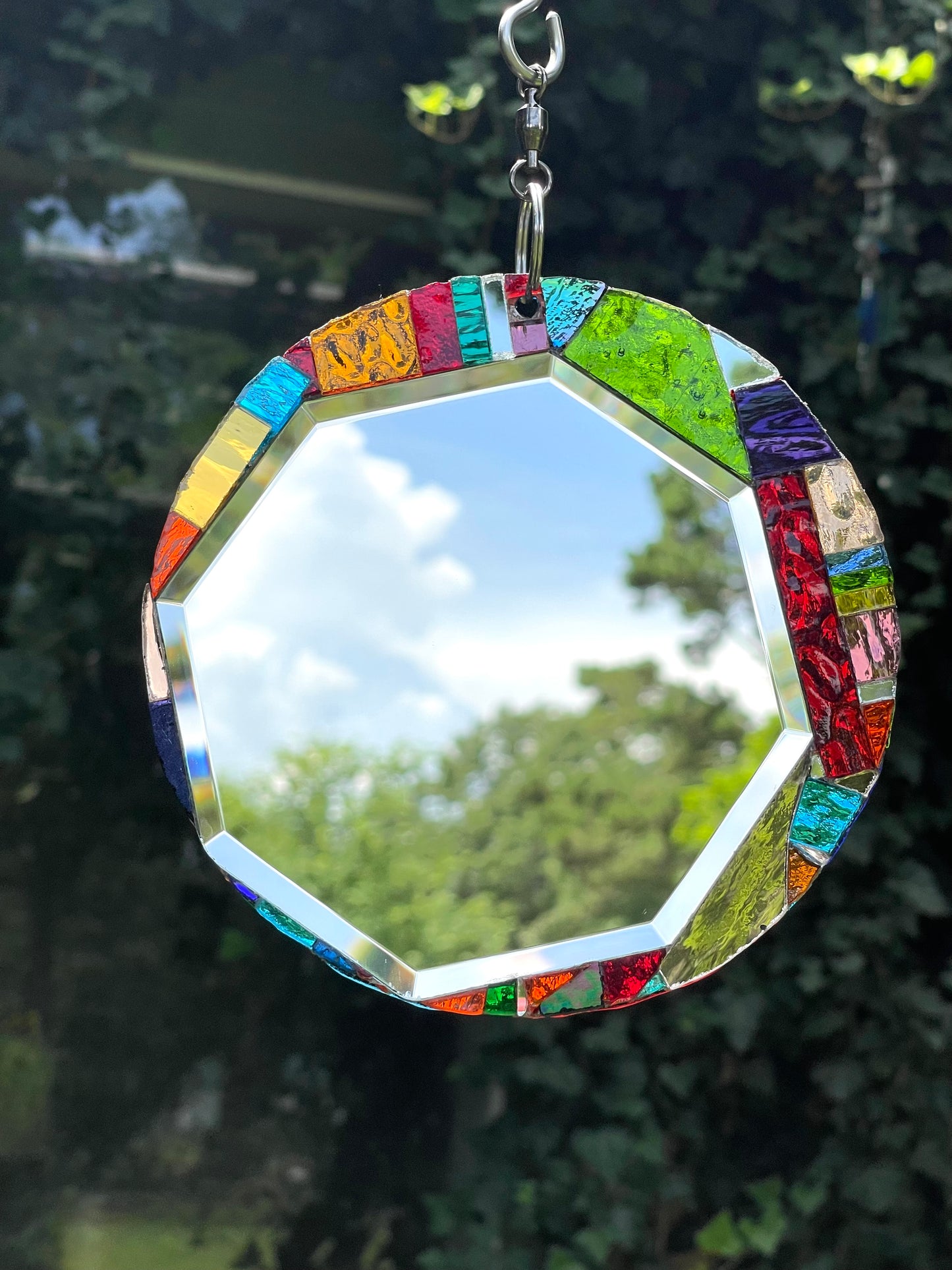 Round 6” Beveled Mirror and Mosaic Sun Catcher, Contemporary Garden Art