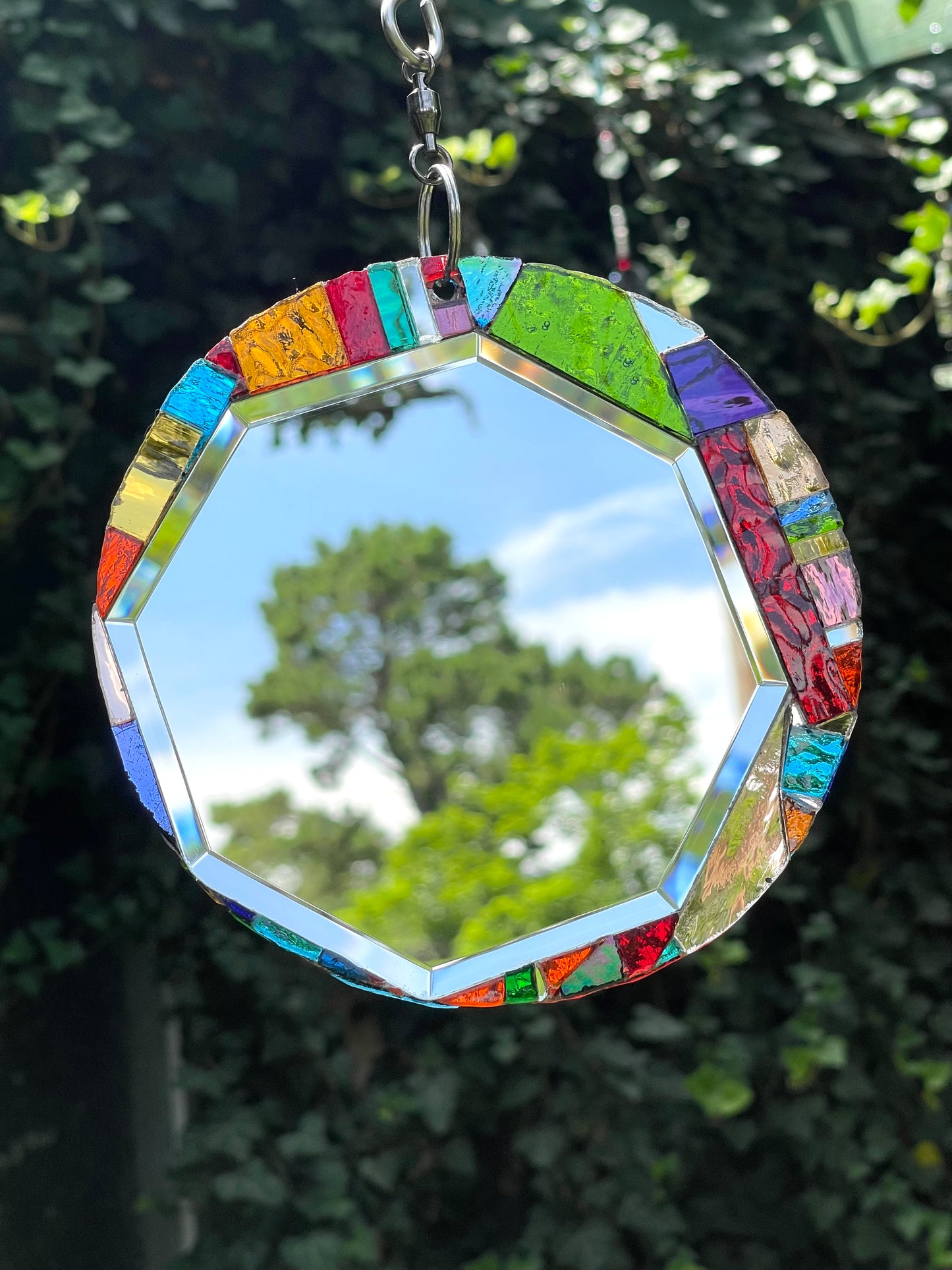 Round 6” Beveled Mirror and Mosaic Sun Catcher, Contemporary Garden Art