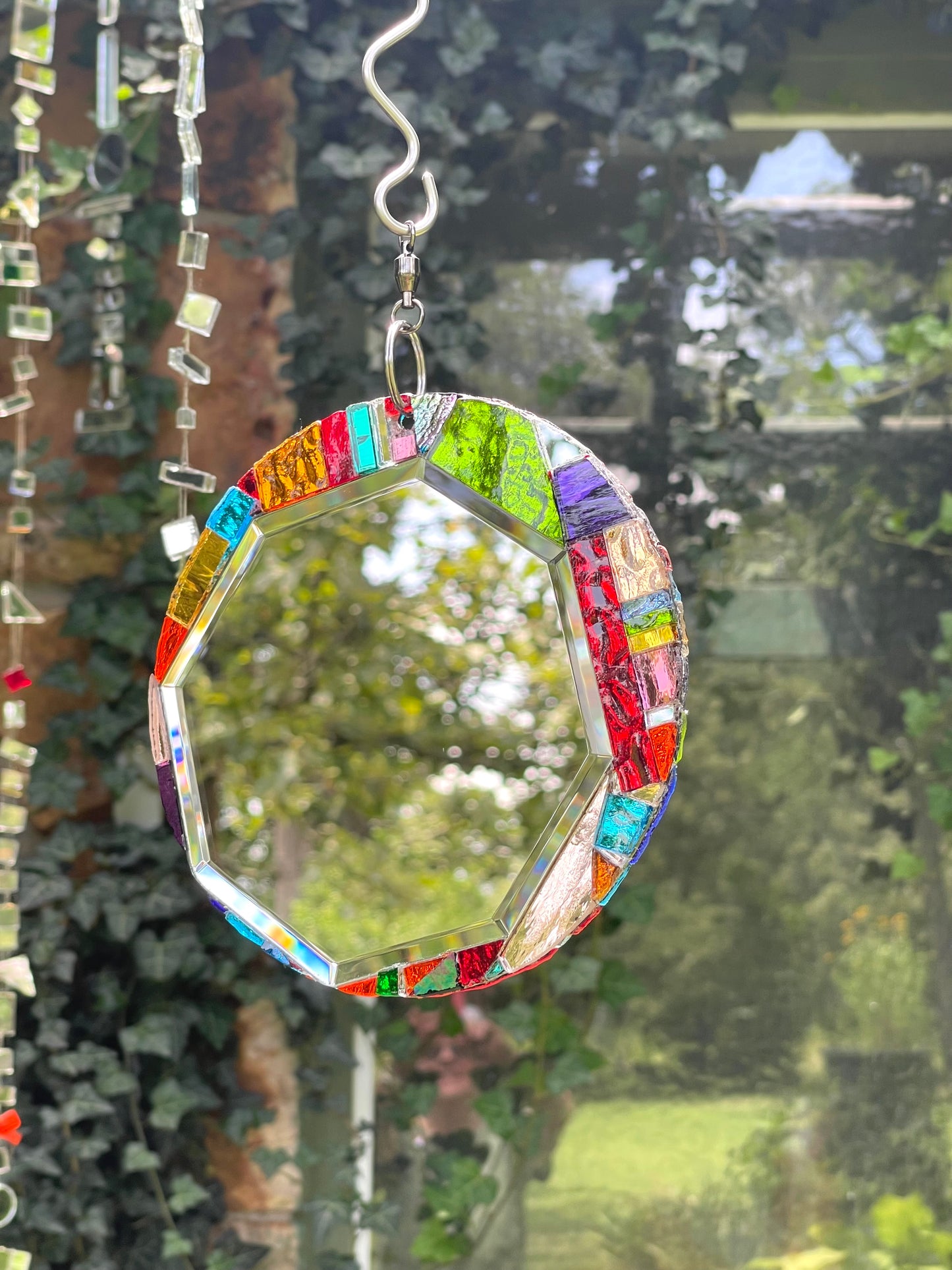 Round 6” Beveled Mirror and Mosaic Sun Catcher, Contemporary Garden Art