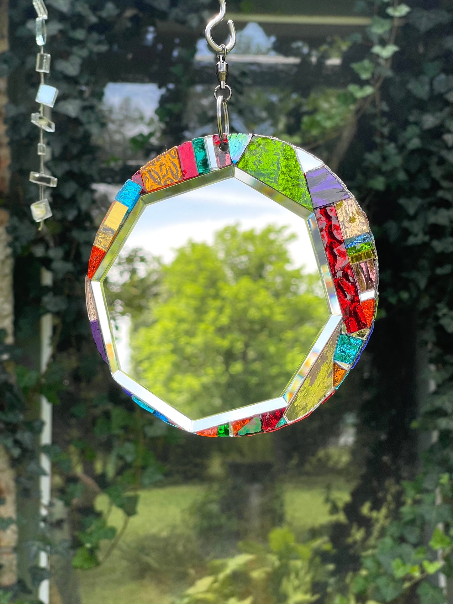 Round 6” Beveled Mirror and Mosaic Sun Catcher, Contemporary Garden Art