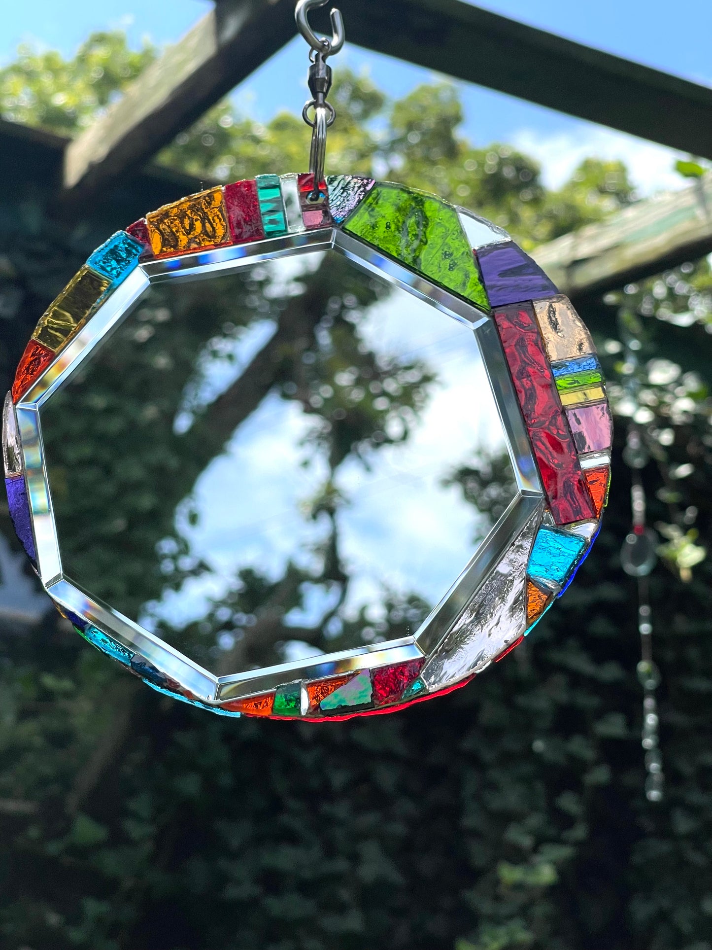 Round 6” Beveled Mirror and Mosaic Sun Catcher, Contemporary Garden Art