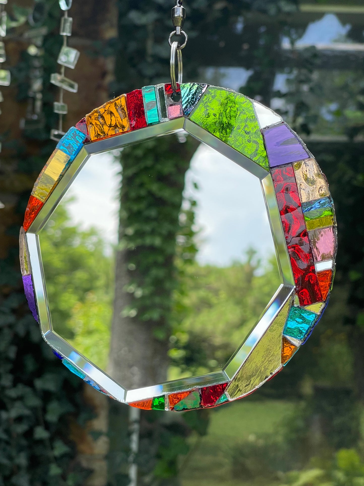 Round 6” Beveled Mirror and Mosaic Sun Catcher, Contemporary Garden Art