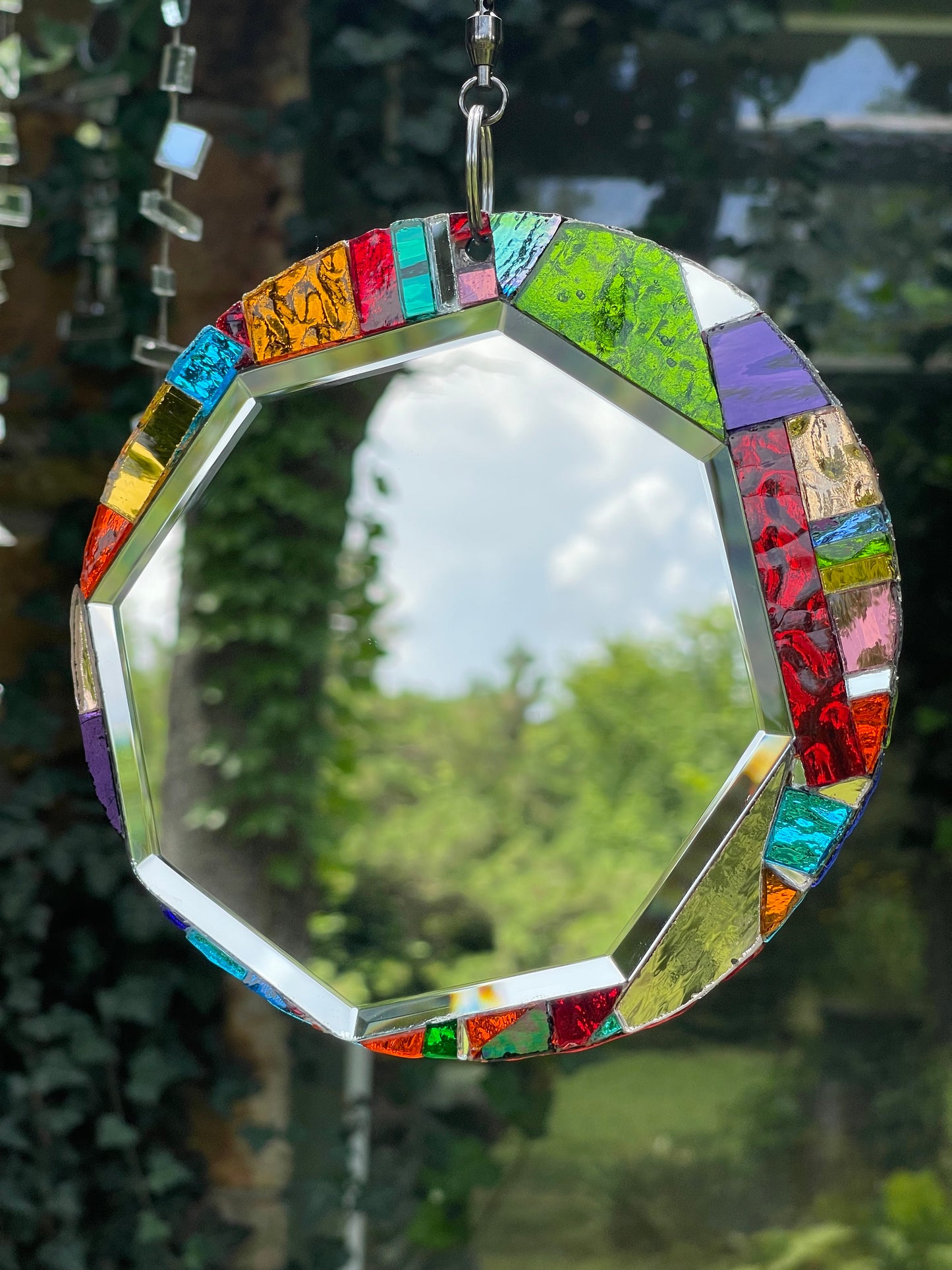 Round 6” Beveled Mirror and Mosaic Sun Catcher, Contemporary Garden Art