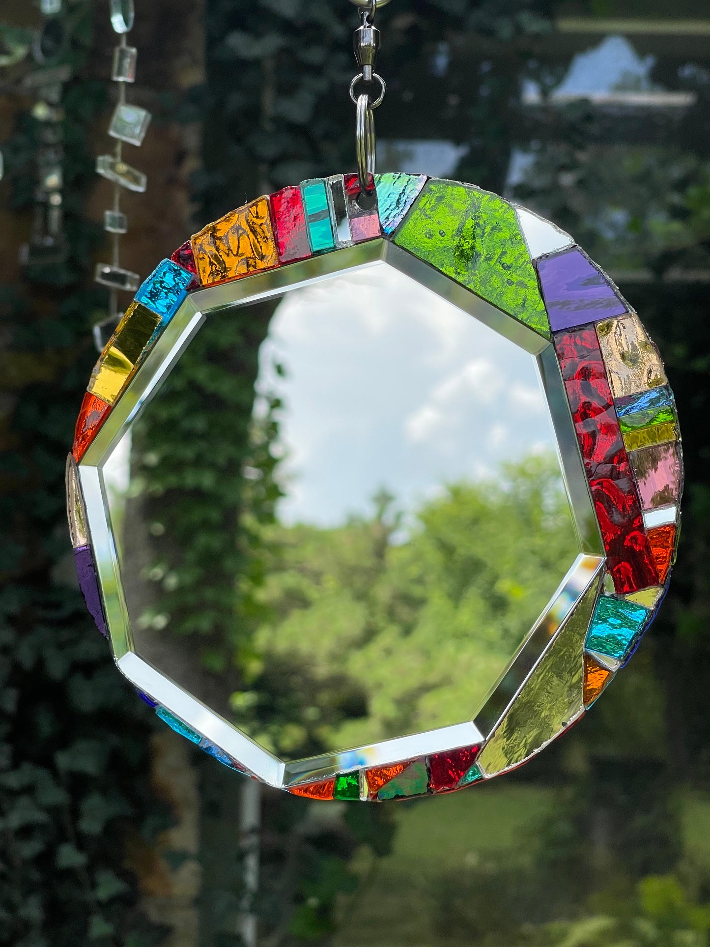 Round 6” Beveled Mirror and Mosaic Sun Catcher, Contemporary Garden Art