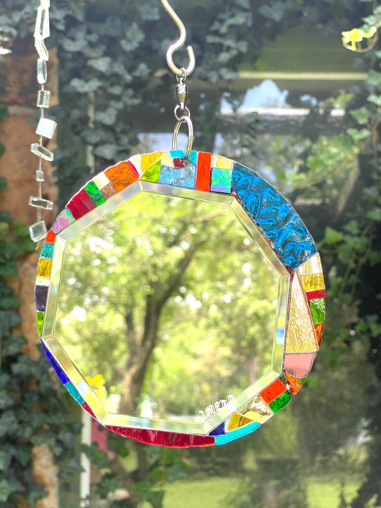 Round 6” Beveled Mirror and Mosaic Sun Catcher, Contemporary Garden Art