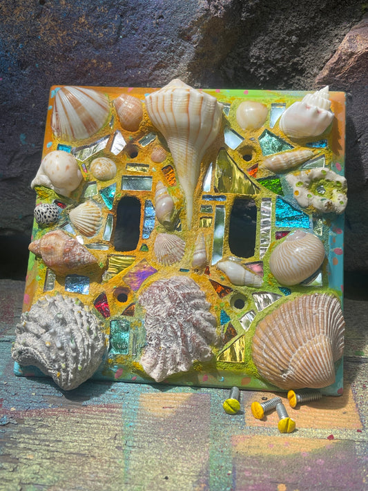 Beach theme double toggle light switch cover with mirror mosaic, sea shells and sparkle, useful mini wall art