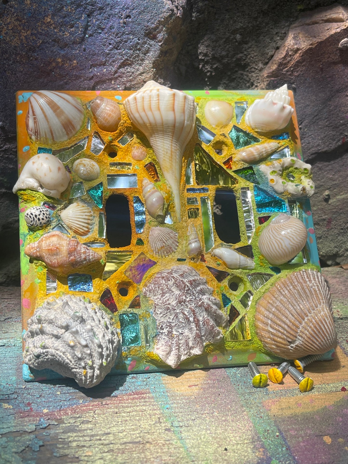 Beach theme double toggle light switch cover with mirror mosaic, sea shells and sparkle, useful mini wall art