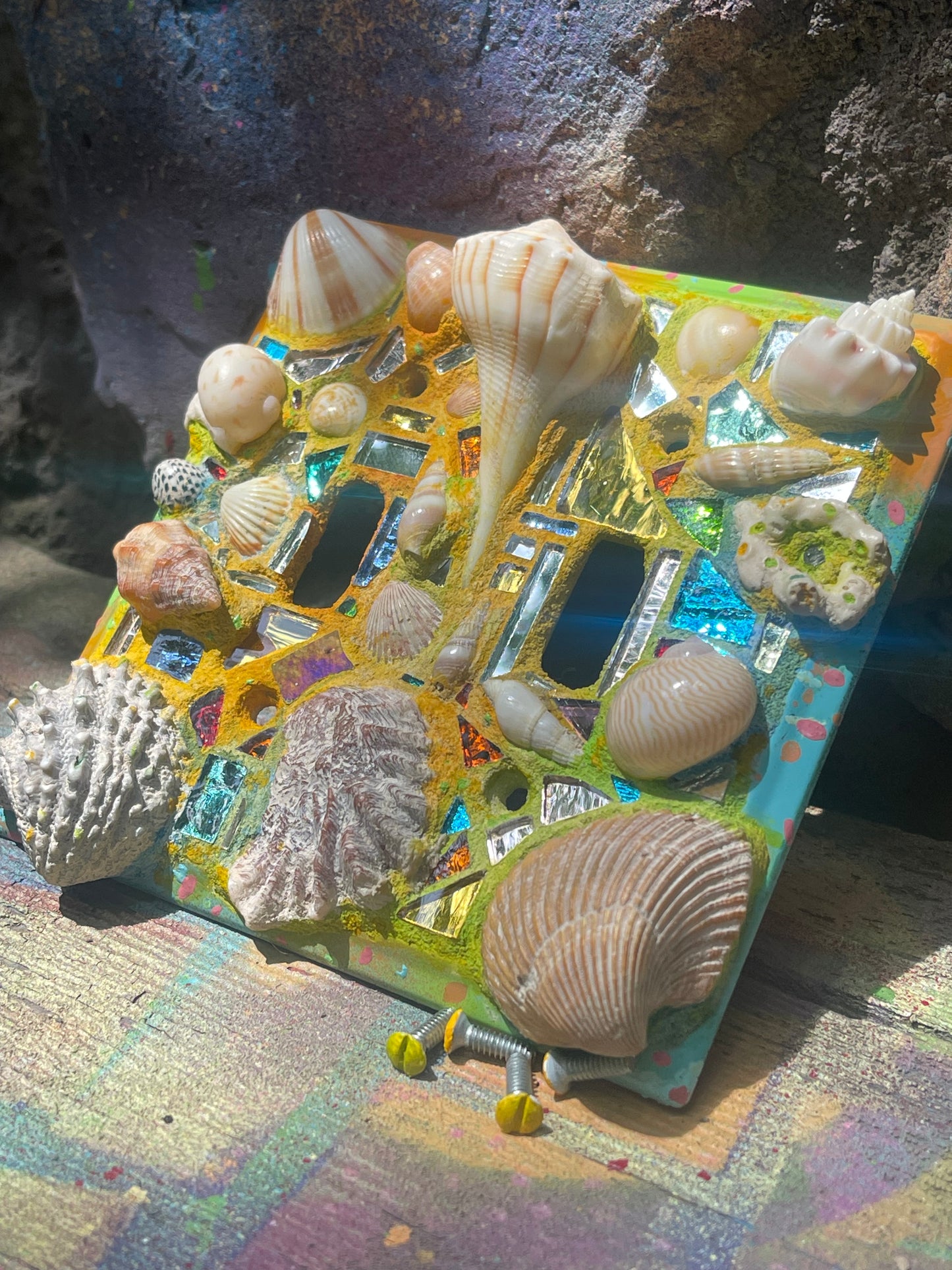 Beach theme double toggle light switch cover with mirror mosaic, sea shells and sparkle, useful mini wall art