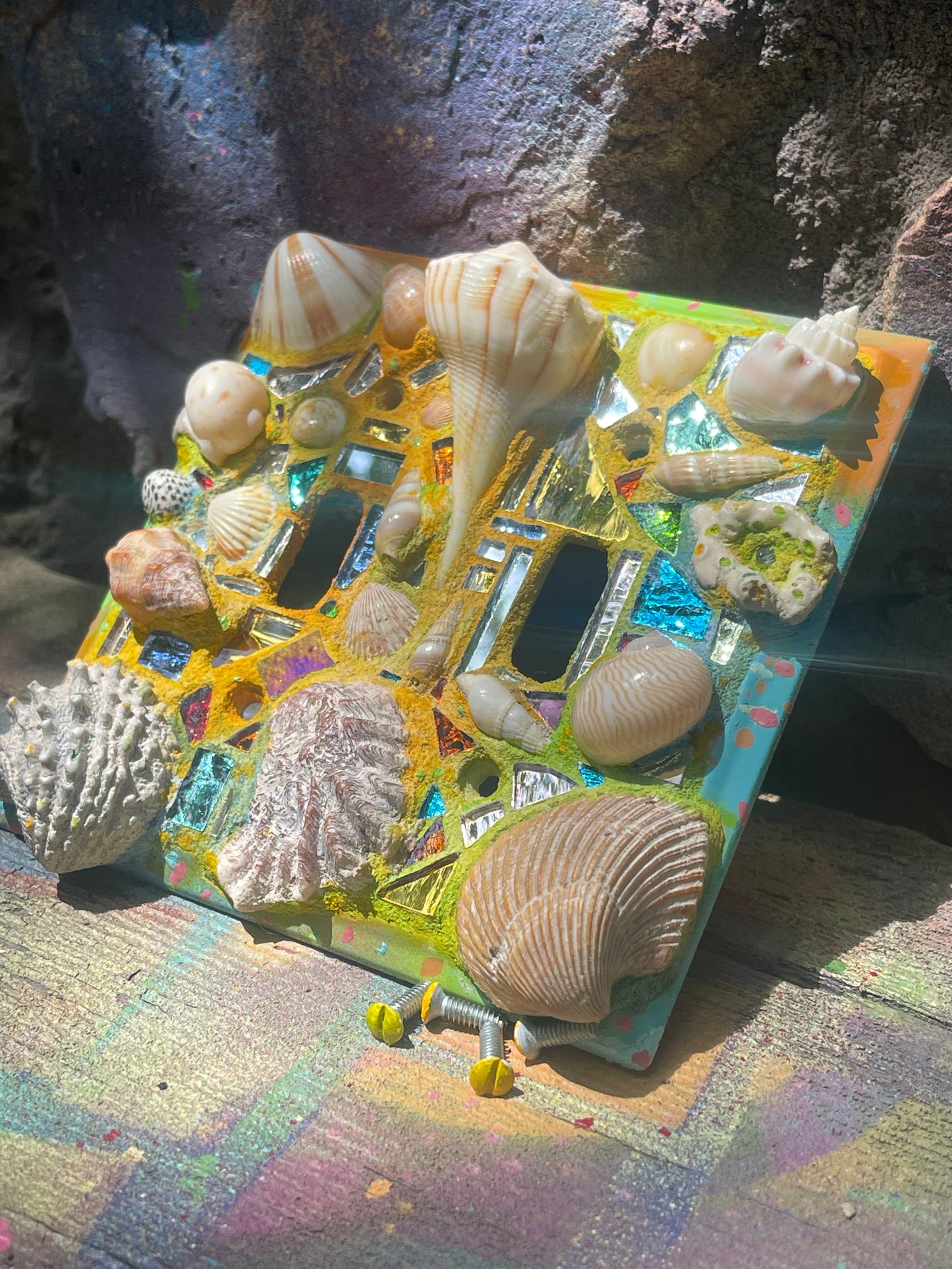Beach theme double toggle light switch cover with mirror mosaic, sea shells and sparkle, useful mini wall art