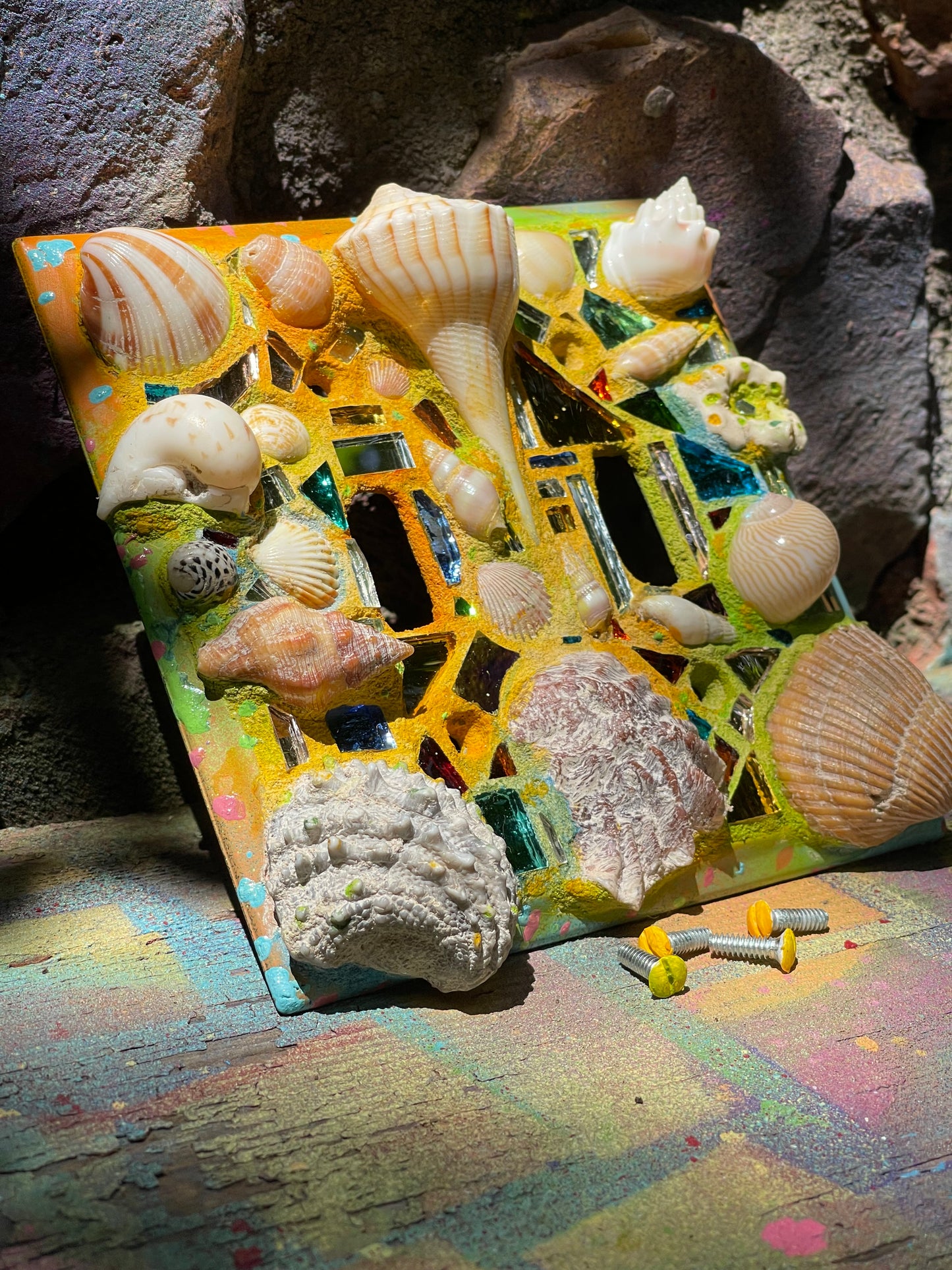 Beach theme double toggle light switch cover with mirror mosaic, sea shells and sparkle, useful mini wall art