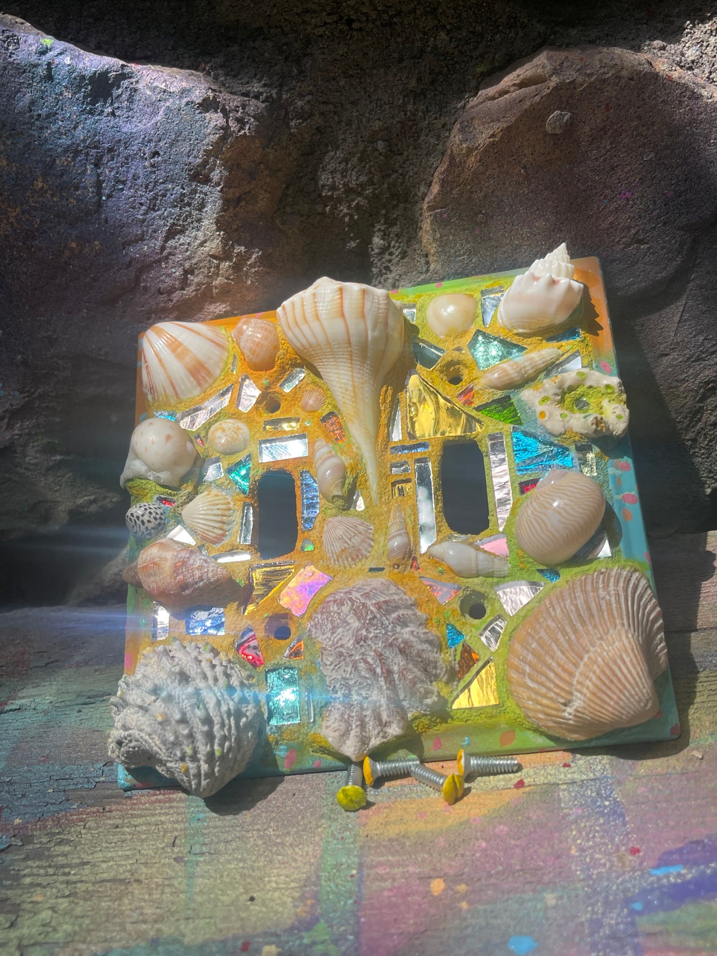 Beach theme double toggle light switch cover with mirror mosaic, sea shells and sparkle, useful mini wall art