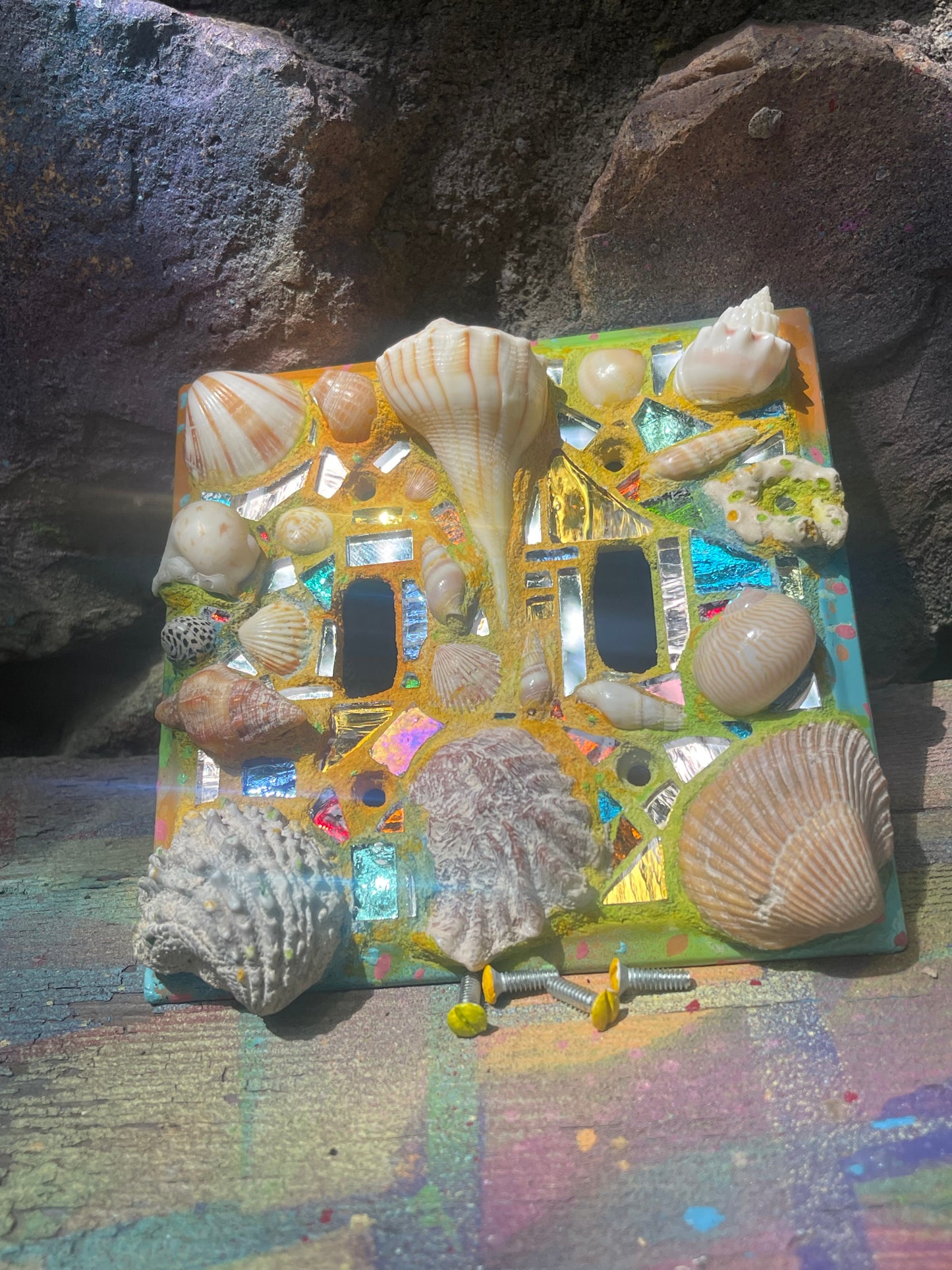 Beach theme double toggle light switch cover with mirror mosaic, sea shells and sparkle, useful mini wall art