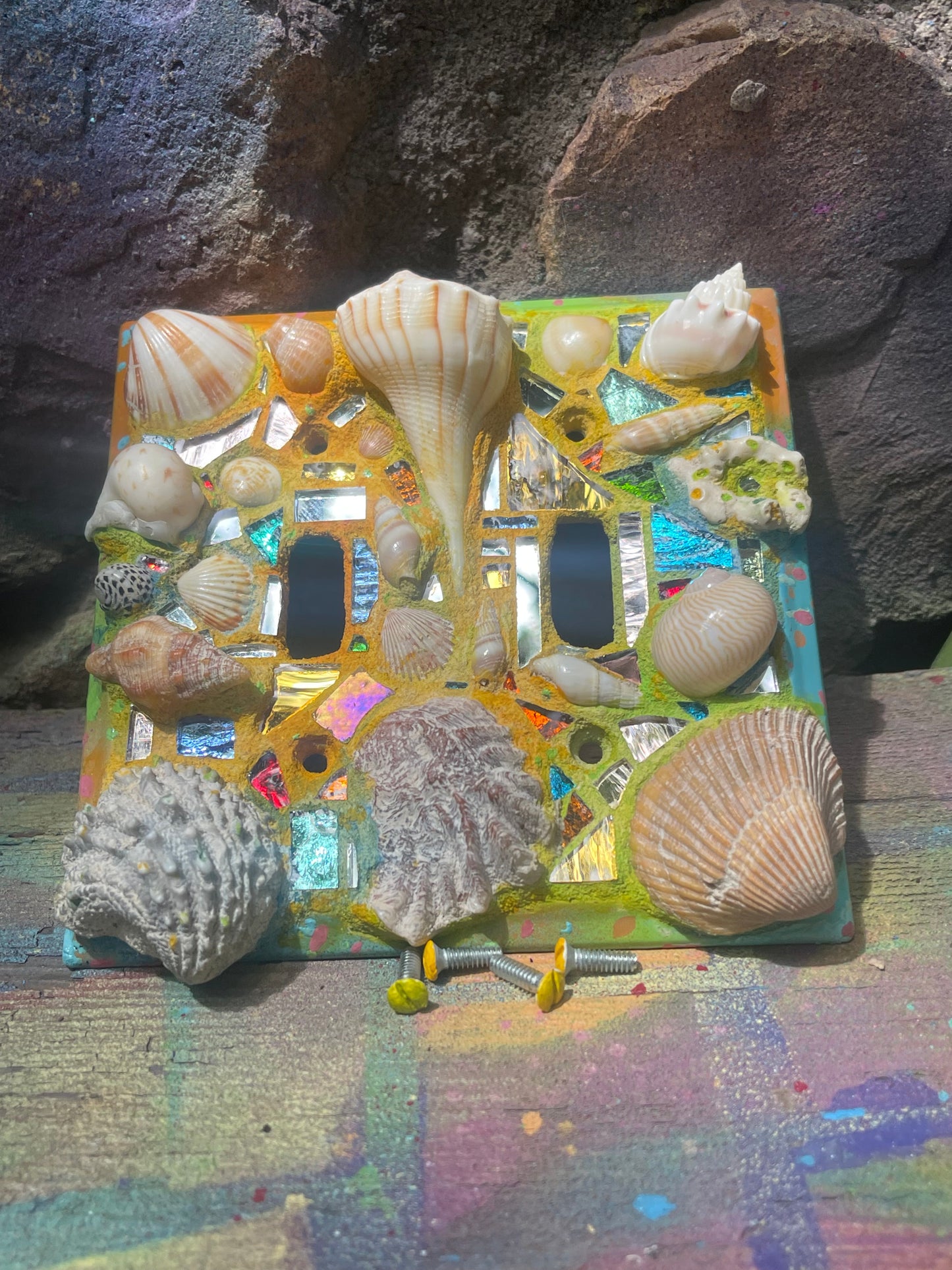 Beach theme double toggle light switch cover with mirror mosaic, sea shells and sparkle, useful mini wall art