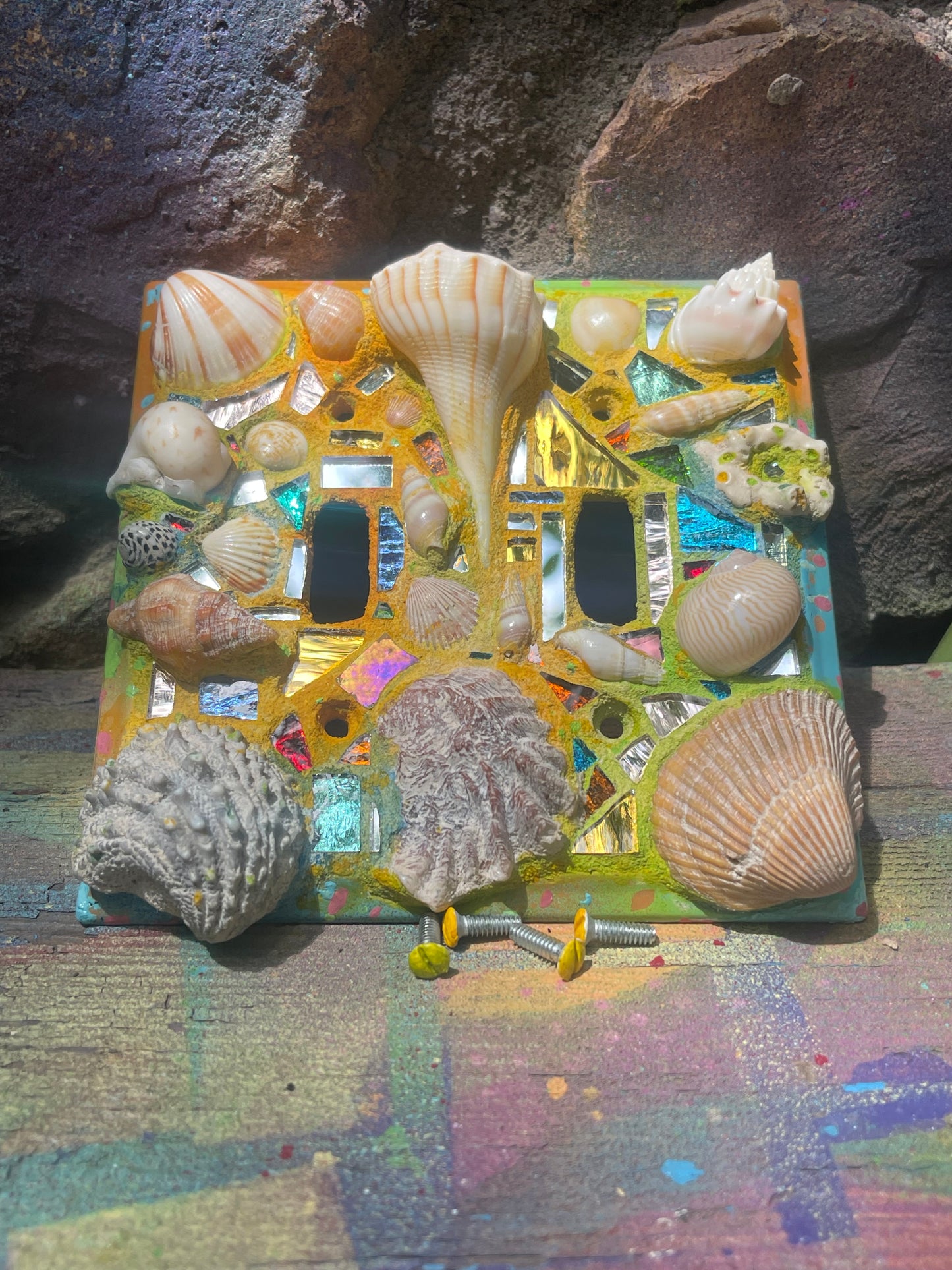 Beach theme double toggle light switch cover with mirror mosaic, sea shells and sparkle, useful mini wall art