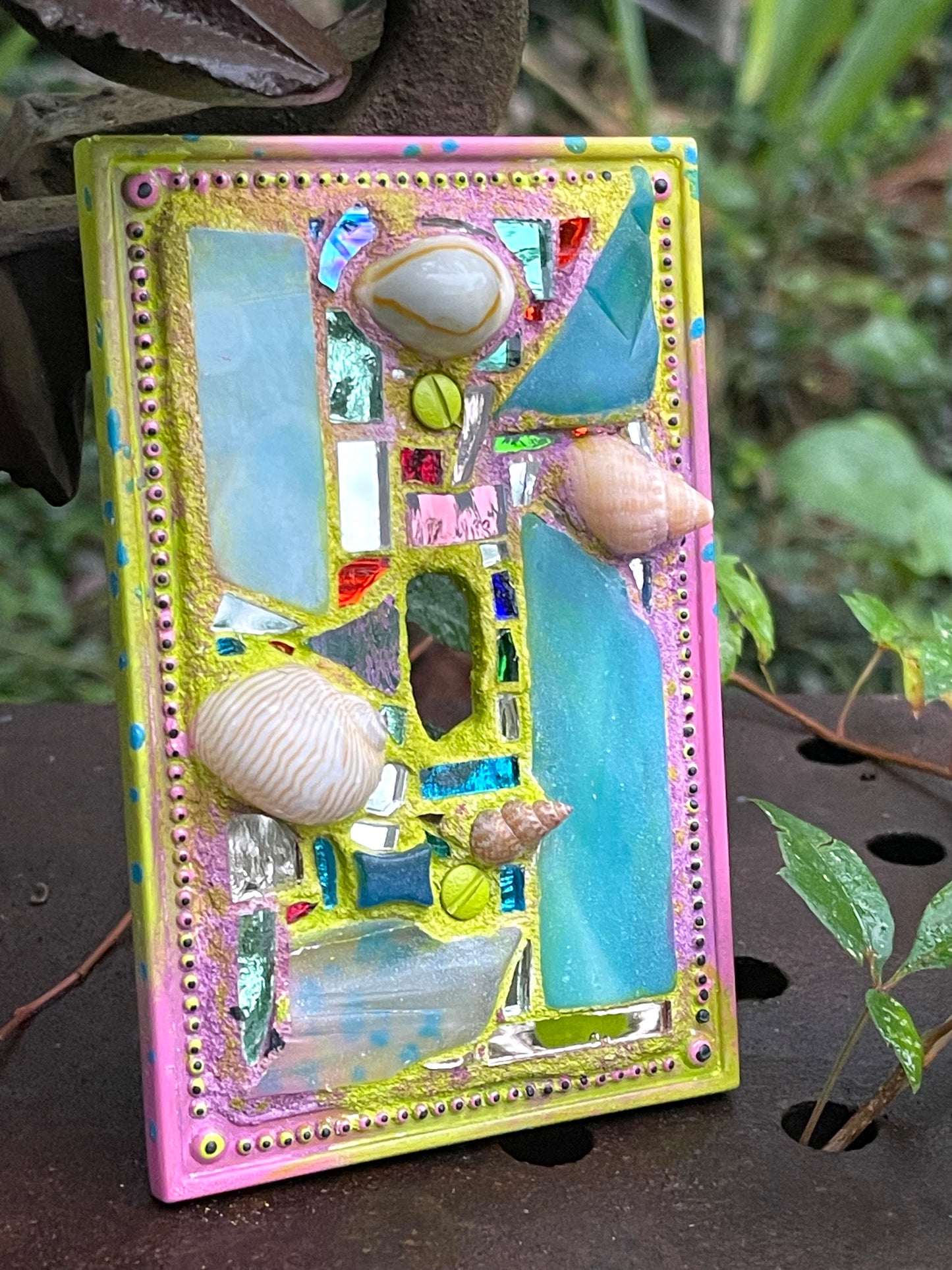 Single toggle mirror mosaic and sea shell light switch cover as mini wall art