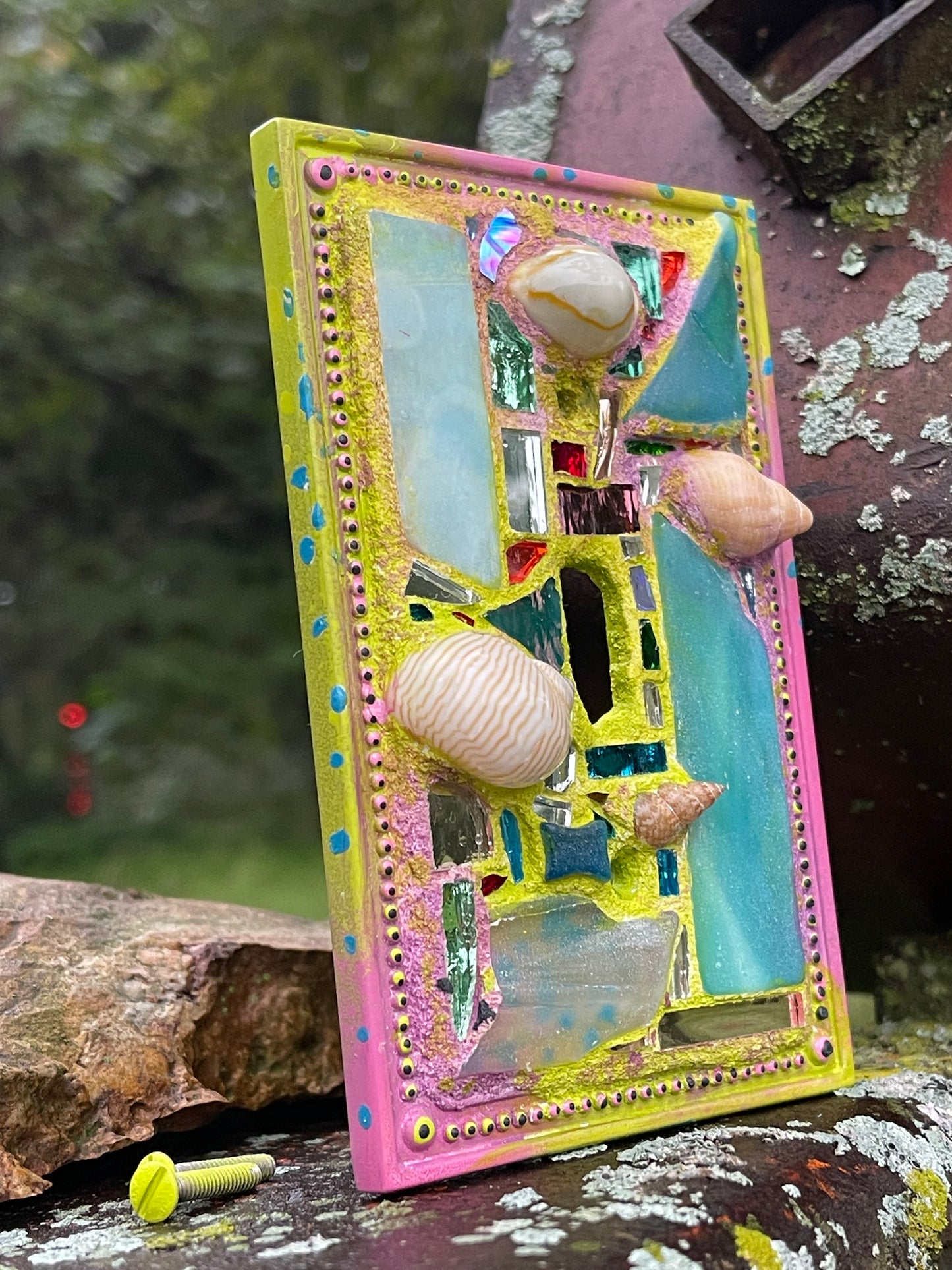 Single toggle mirror mosaic and sea shell light switch cover as mini wall art