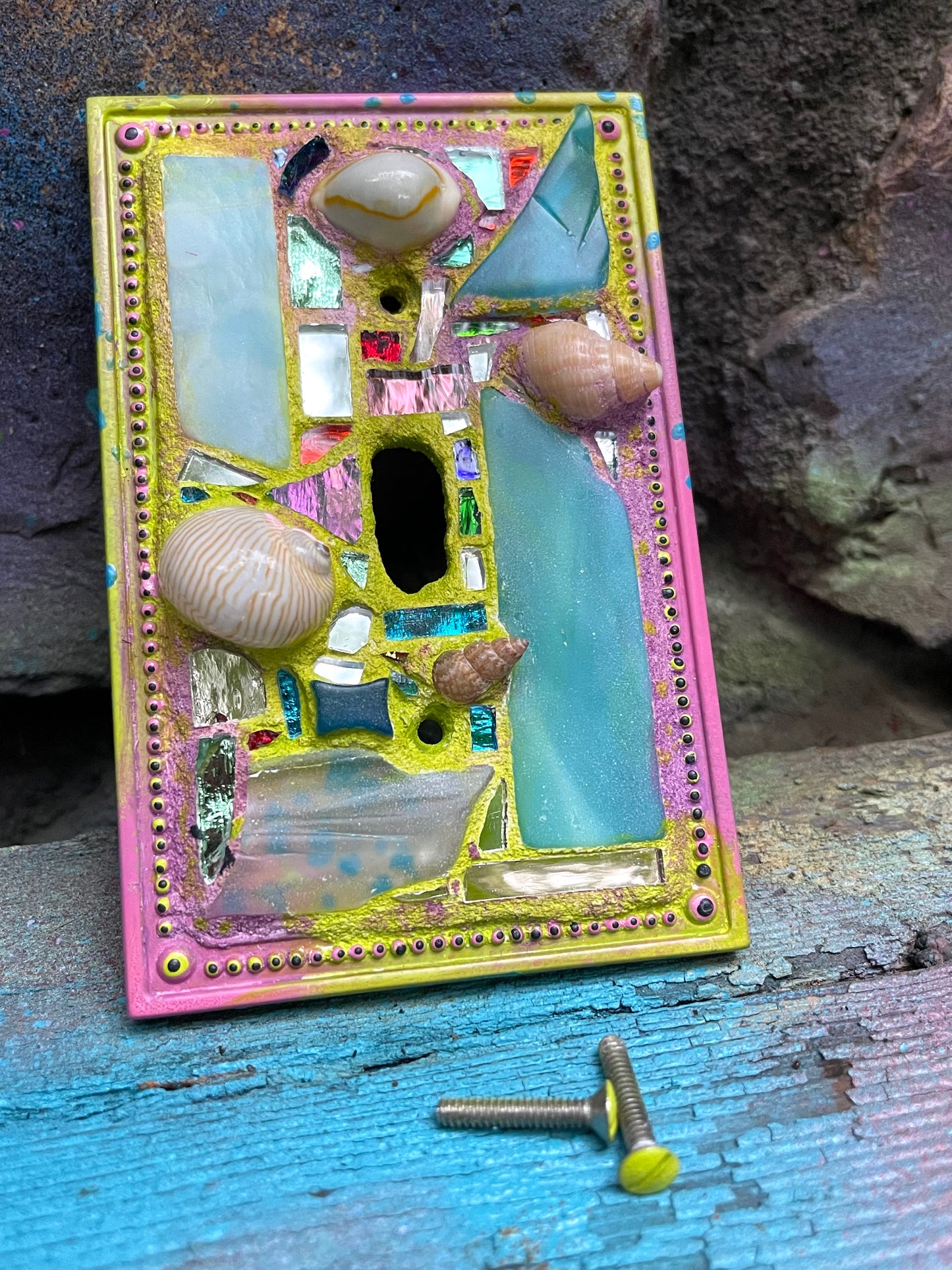 Single toggle mirror mosaic and sea shell light switch cover as mini wall art