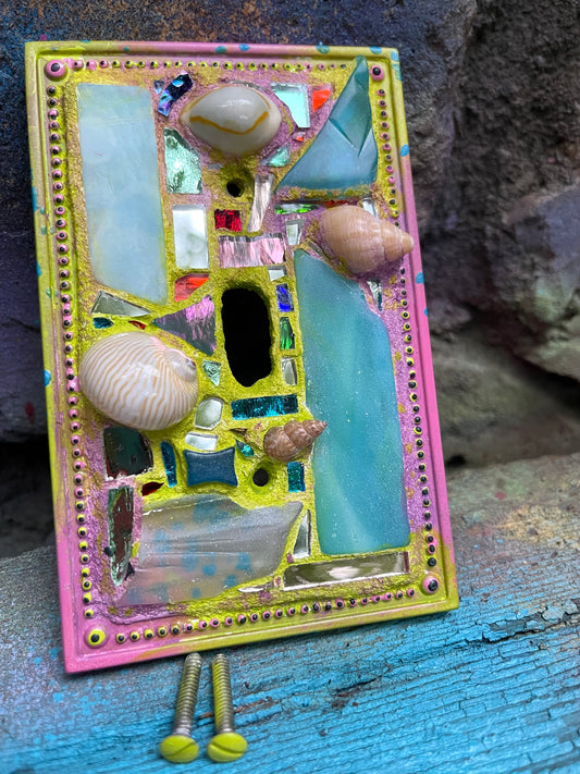 Single toggle mirror mosaic and sea shell light switch cover as mini wall art