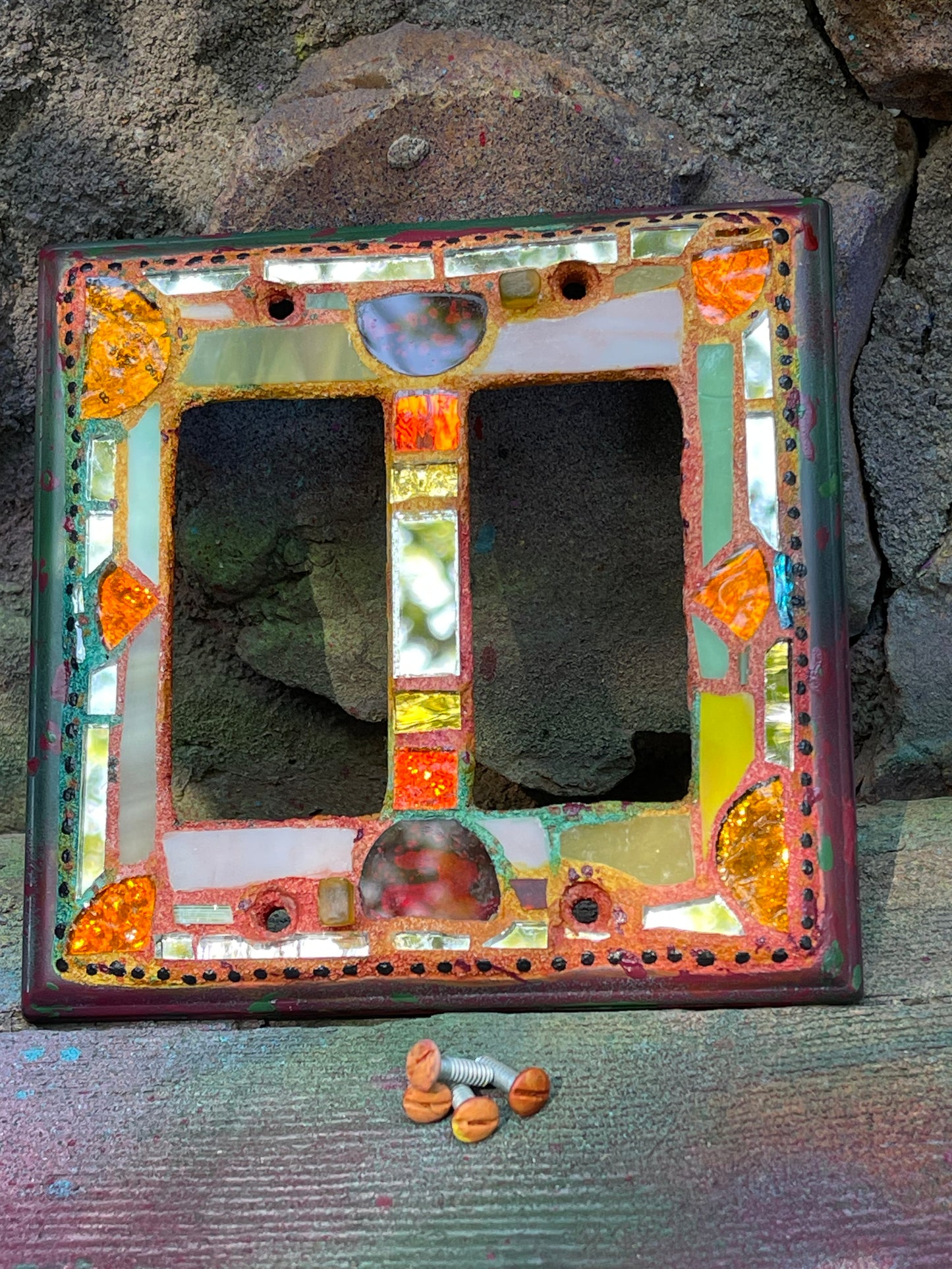 Double rocker glass and mirror mosaic light switch cover. Fall colors. Shipping included.