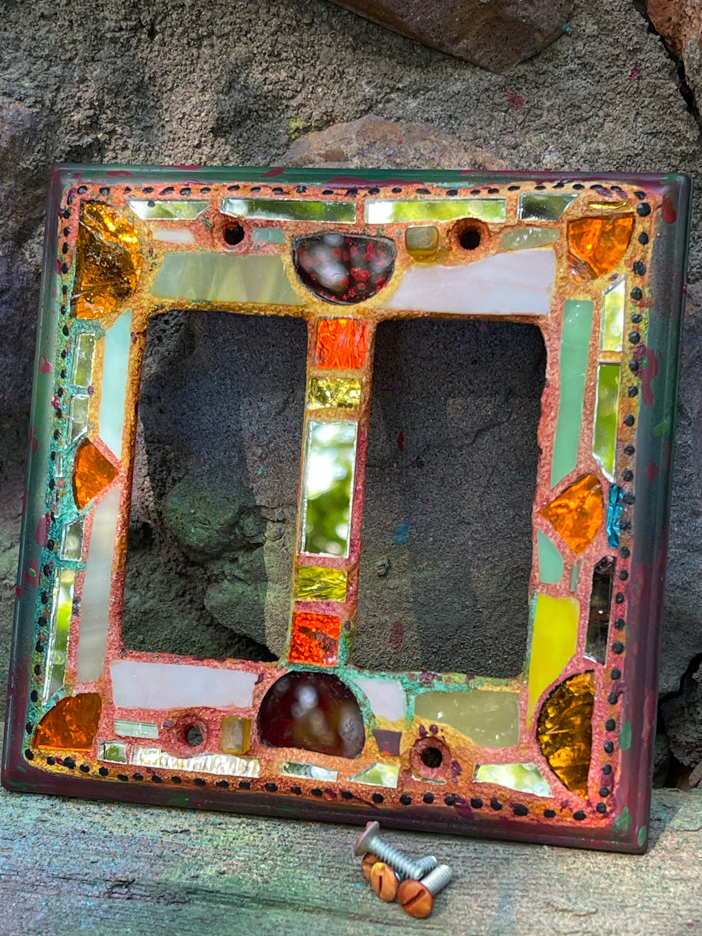 Double rocker glass and mirror mosaic light switch cover. Fall colors. Shipping included.