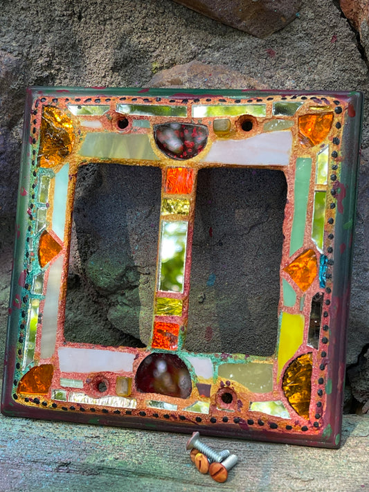 Double rocker glass and mirror mosaic light switch cover. Fall colors. Shipping included.