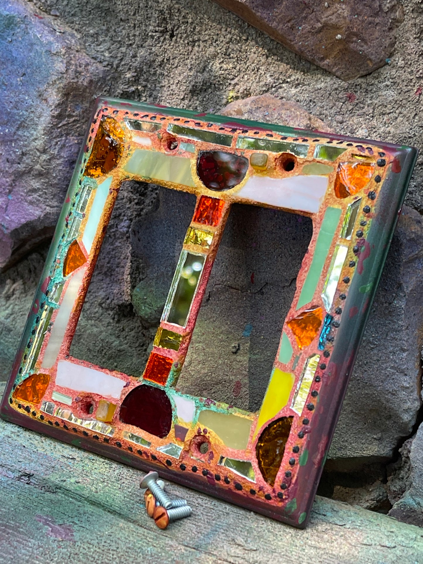 Double rocker glass and mirror mosaic light switch cover. Fall colors. Shipping included.