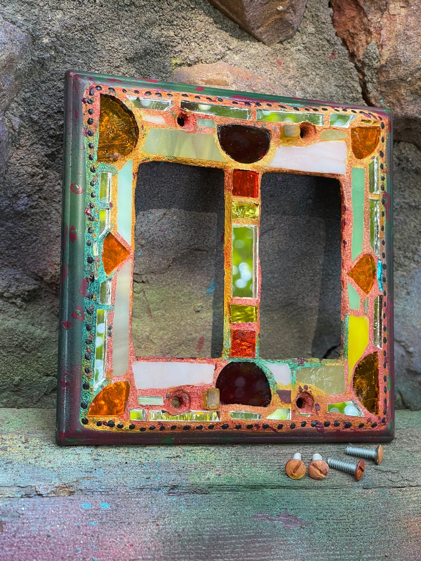 Double rocker glass and mirror mosaic light switch cover. Fall colors. Shipping included.