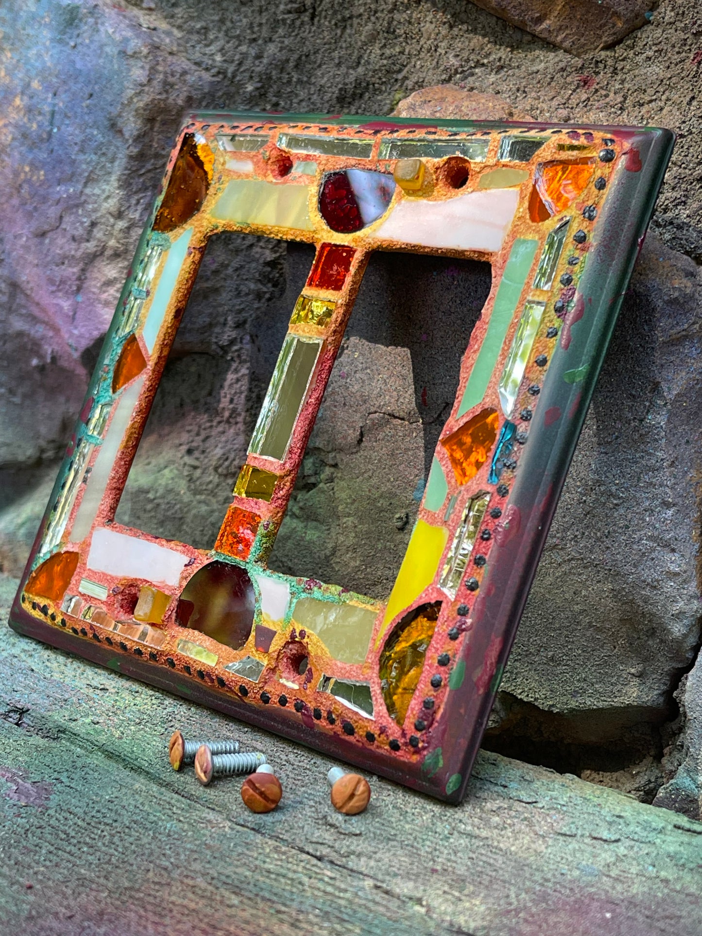 Double rocker glass and mirror mosaic light switch cover. Fall colors. Shipping included.