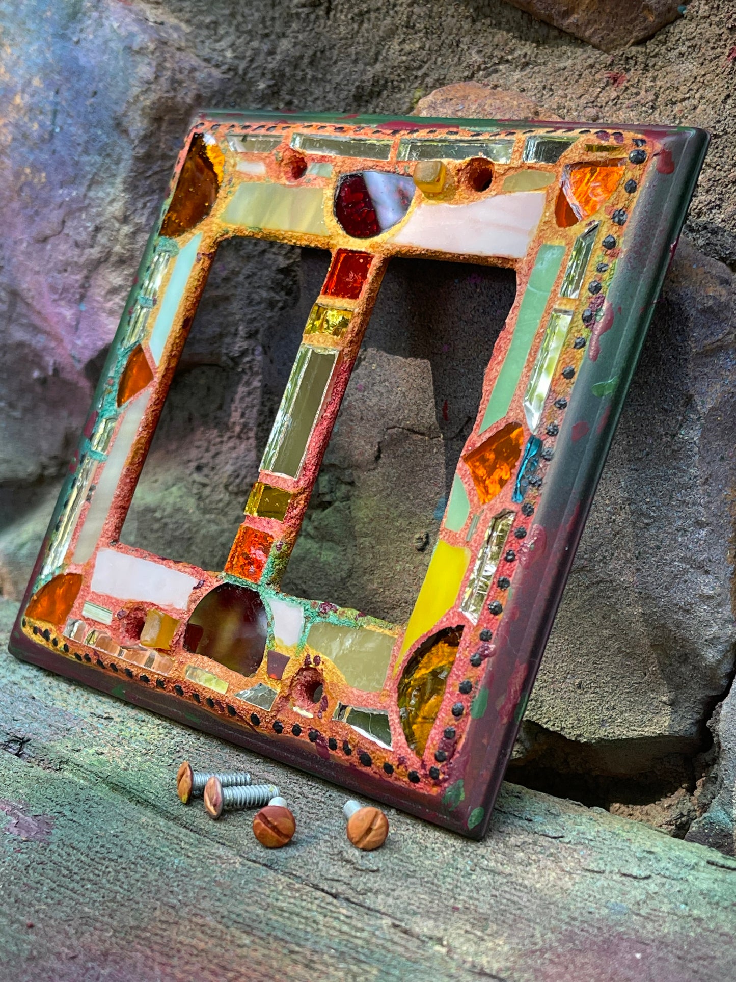 Double rocker glass and mirror mosaic light switch cover. Fall colors. Shipping included.
