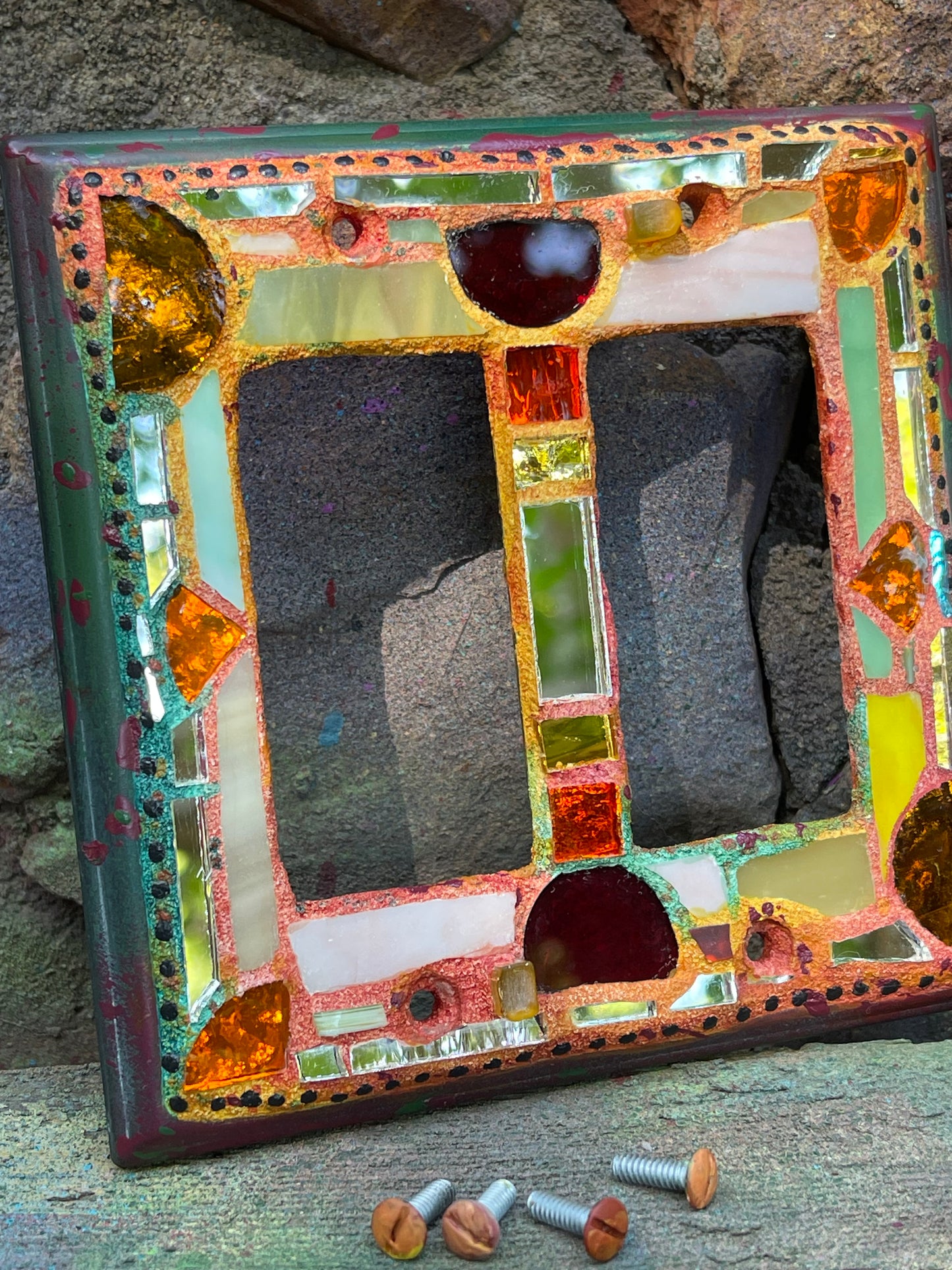 Double rocker glass and mirror mosaic light switch cover. Fall colors. Shipping included.