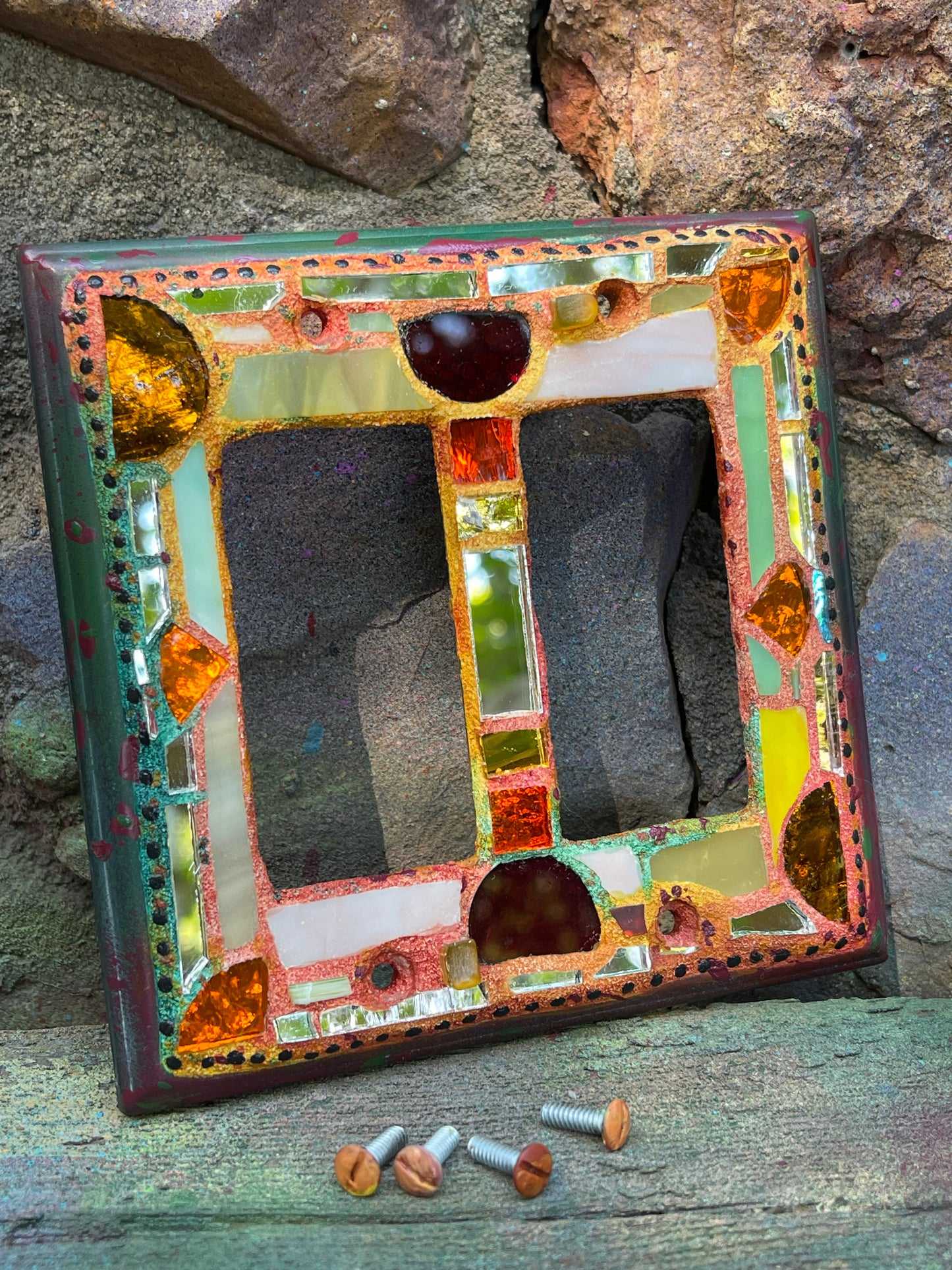 Double rocker glass and mirror mosaic light switch cover. Fall colors. Shipping included.