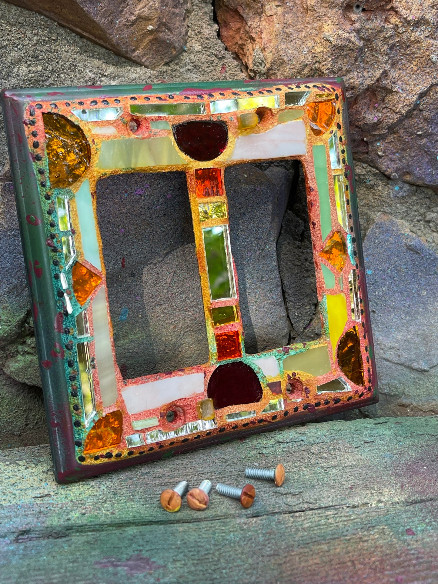 Double rocker glass and mirror mosaic light switch cover. Fall colors. Shipping included.