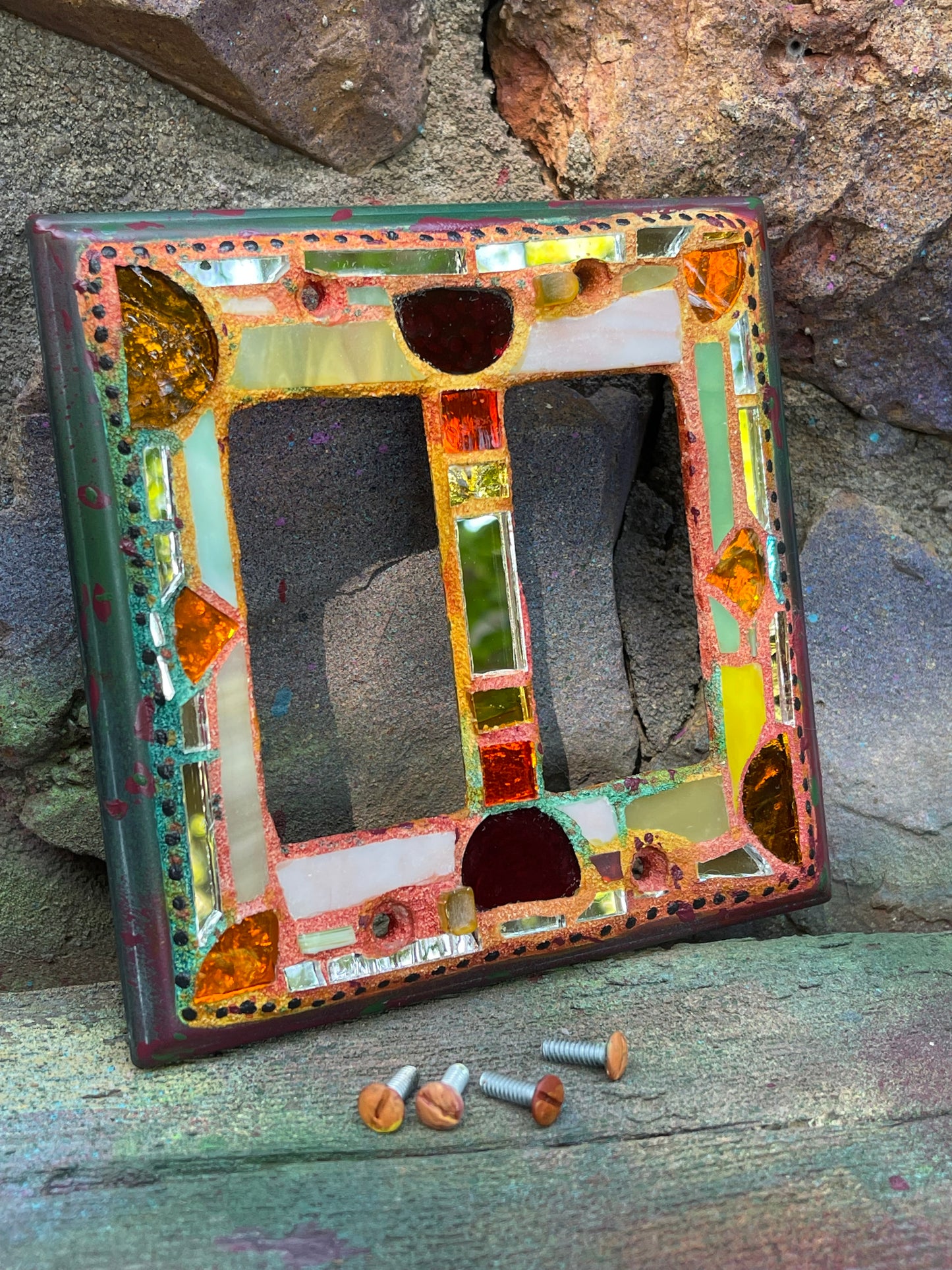 Double rocker glass and mirror mosaic light switch cover. Fall colors. Shipping included.
