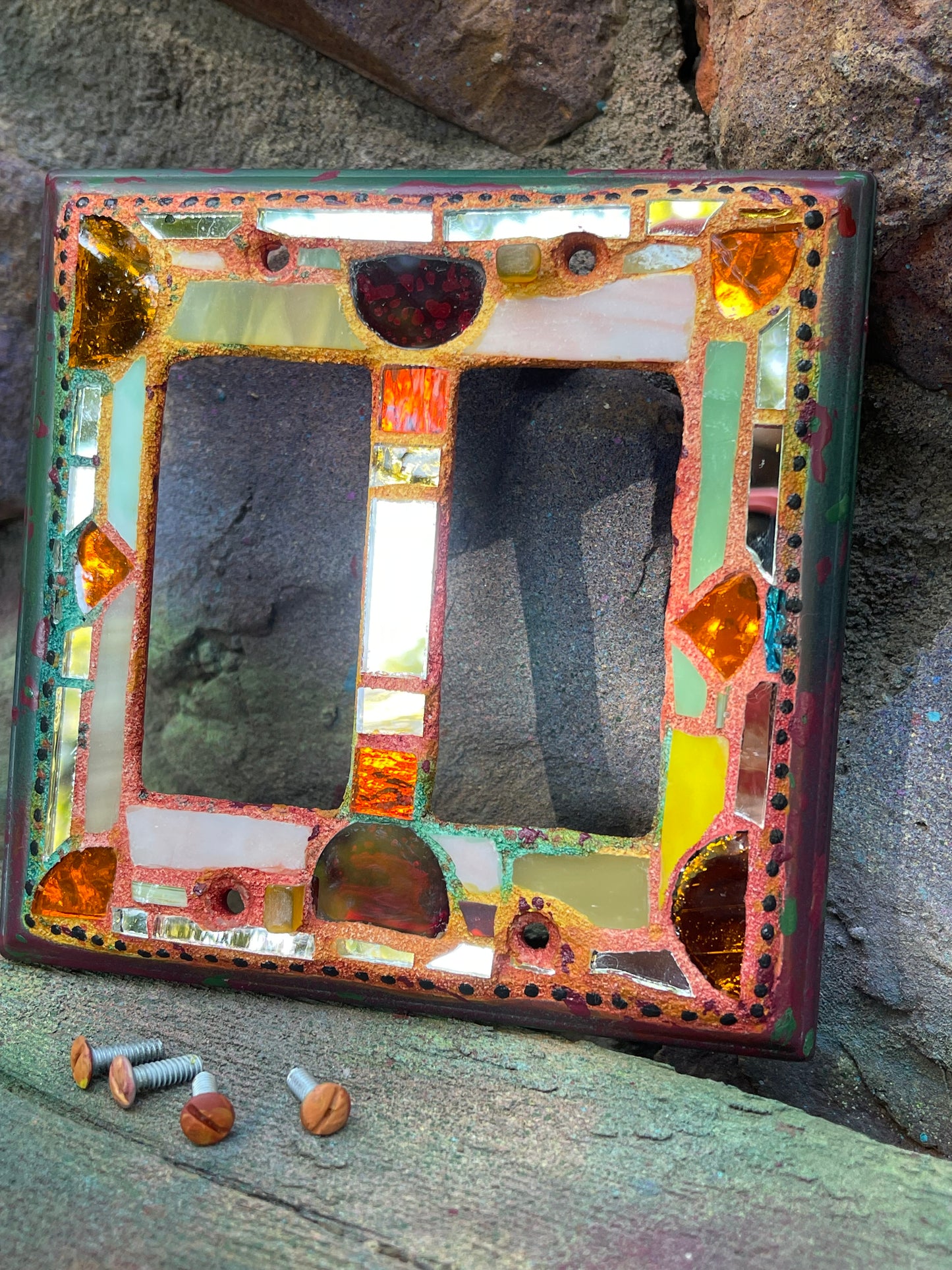Double rocker glass and mirror mosaic light switch cover. Fall colors. Shipping included.