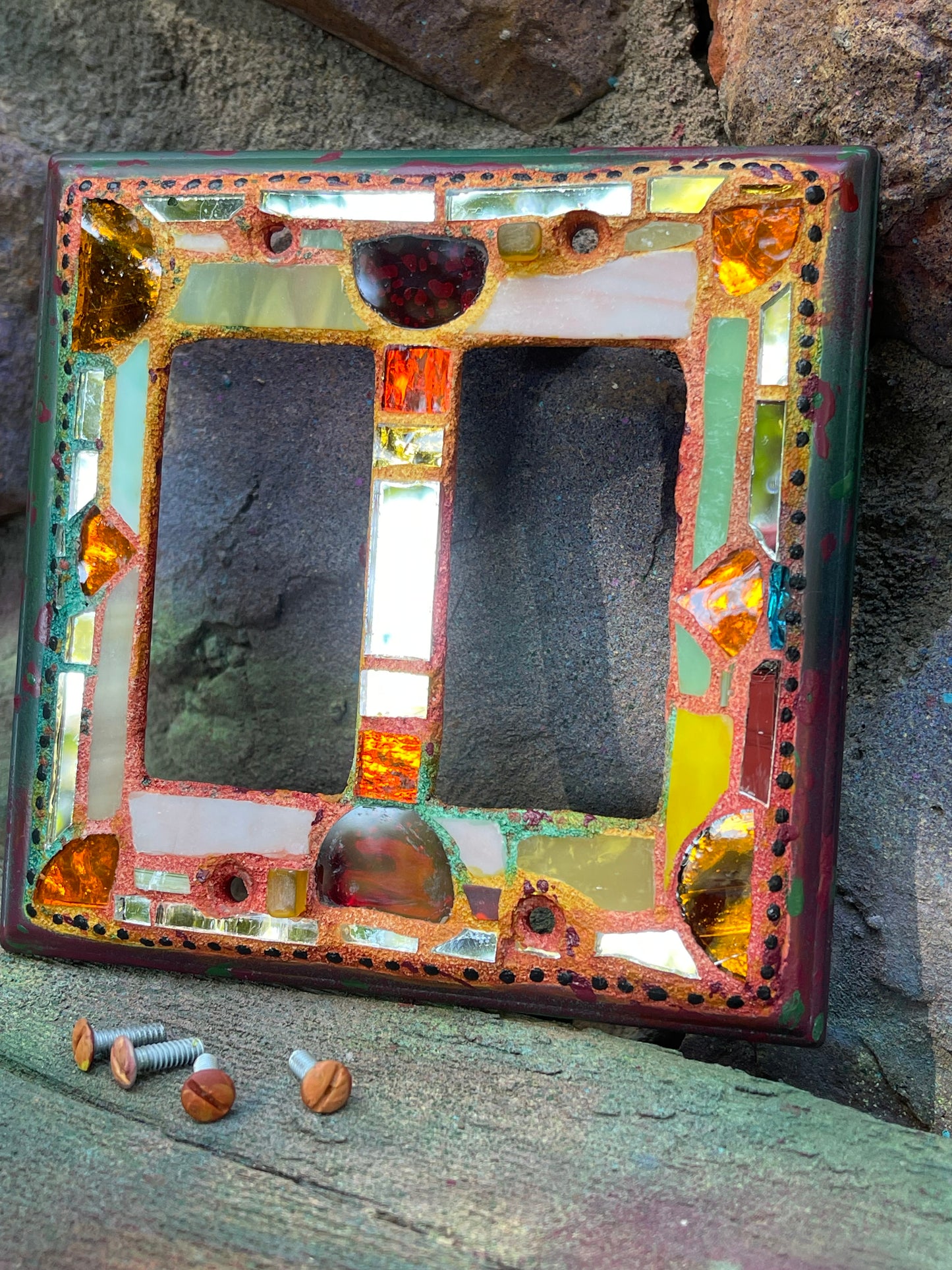 Double rocker glass and mirror mosaic light switch cover. Fall colors. Shipping included.