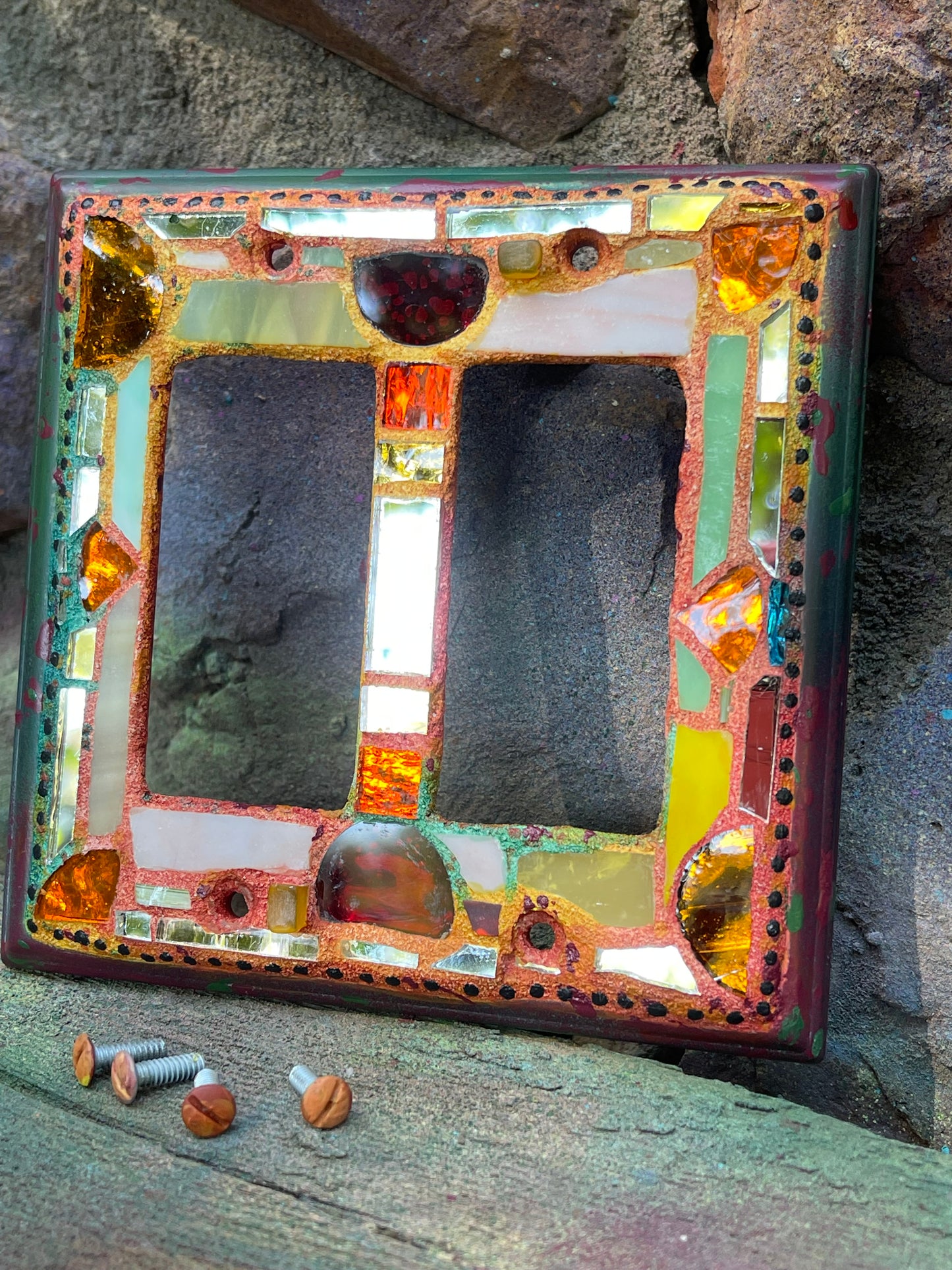 Double rocker glass and mirror mosaic light switch cover. Fall colors. Shipping included.
